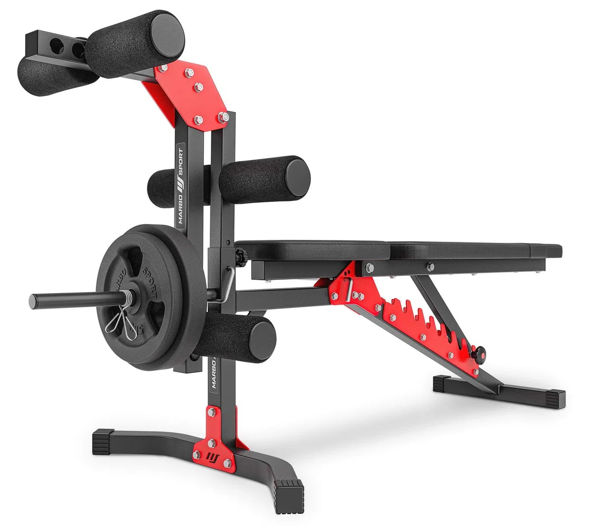 Marbo Sport Set MH25_162KG_Kier 2.0 | Banco de Pesas Ajustable + Soporte de Pesas MH-S201 + Entrenador de piernas + jalón Lateral + Banco Scott + Barra/Juego de Placas de Pesas 113 kg| Made in EU