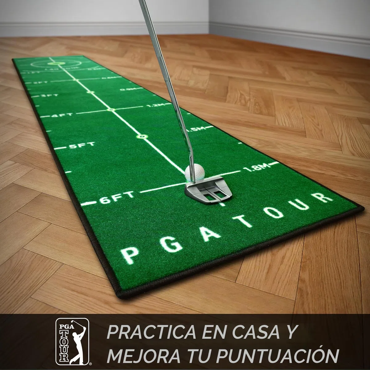 PGA Tour Alfombrilla de golf de lujo de 8 pies para golf de interior, alfombrilla de golf con directrices de entrenamiento, objetivo de agujero de tamaño completo, área de putt de 6 pies, verde, bolsa