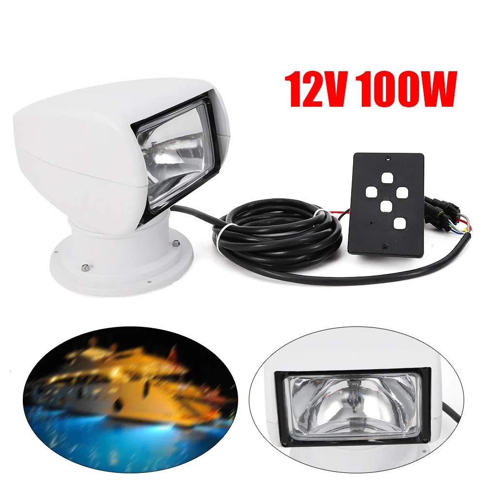 Faro de búsqueda marino para barco 12V 100W bombilla halógena para camiones, automóviles, control remoto - Faro de búsqueda portátil con rotación de 360 grados para yate, guardia costera, etc