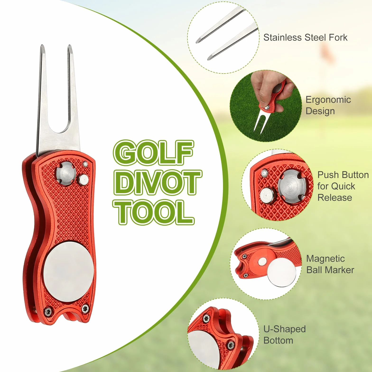 PATIKIL Herramienta de reparación de divot de golf plegable de metal verde con marcador magnético y horquilla de acero inoxidable