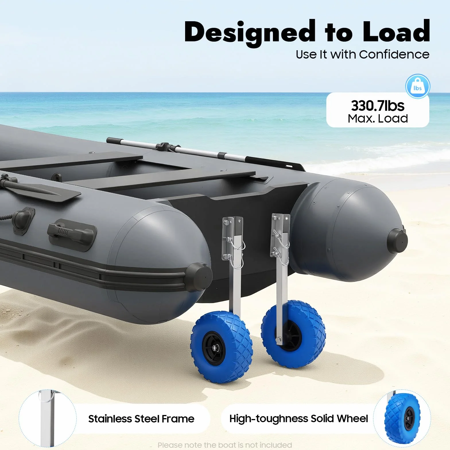 Ruedas traseras deslizantes para botes neumáticos, acero inoxidable, ruedas de transporte para bote inflable yate Tender 10''x3''