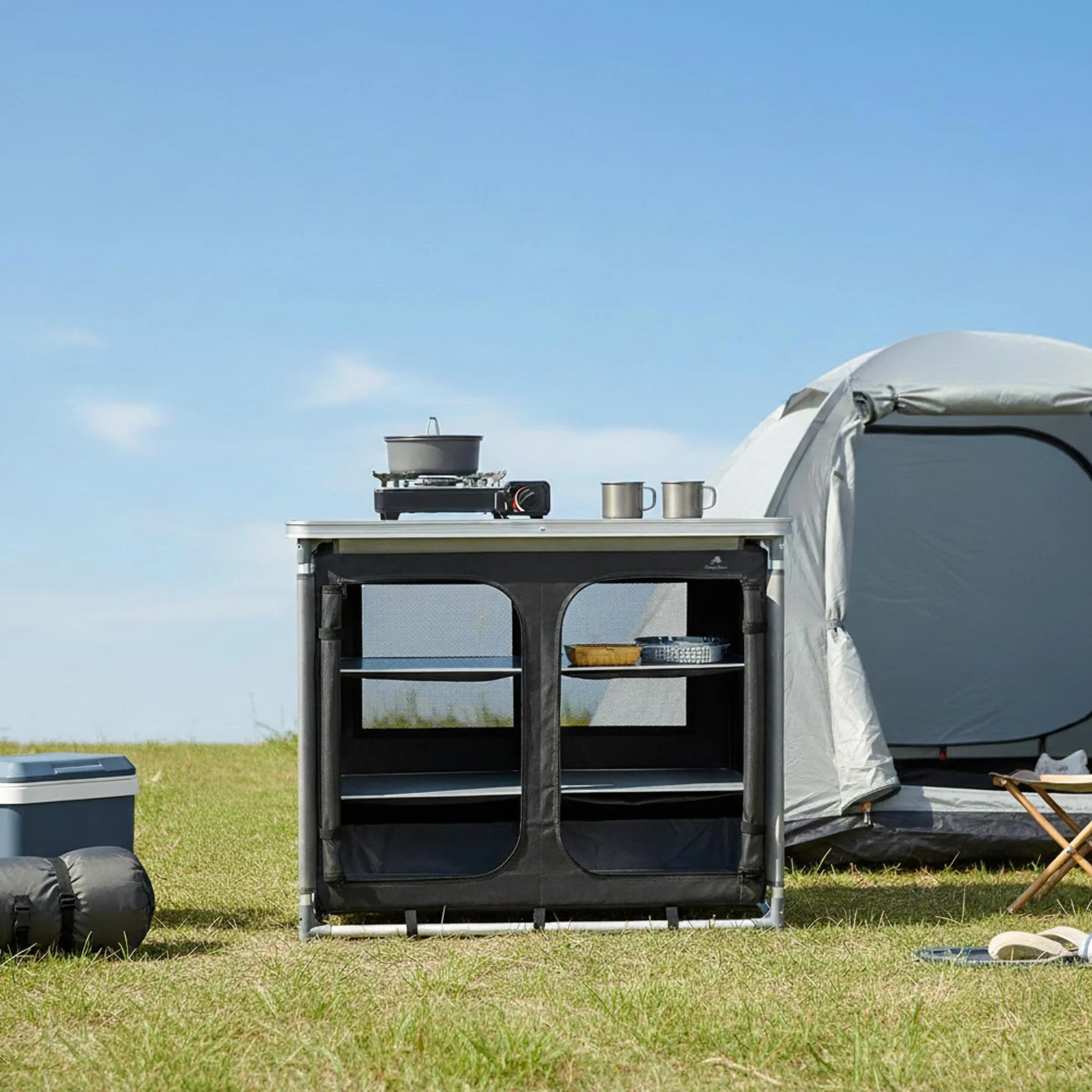Armario para cocina de acampada con estructura de aluminio de CampFeuer, aprox. 102 cm (l) x 47 cm (an.) x 82 cm (a)