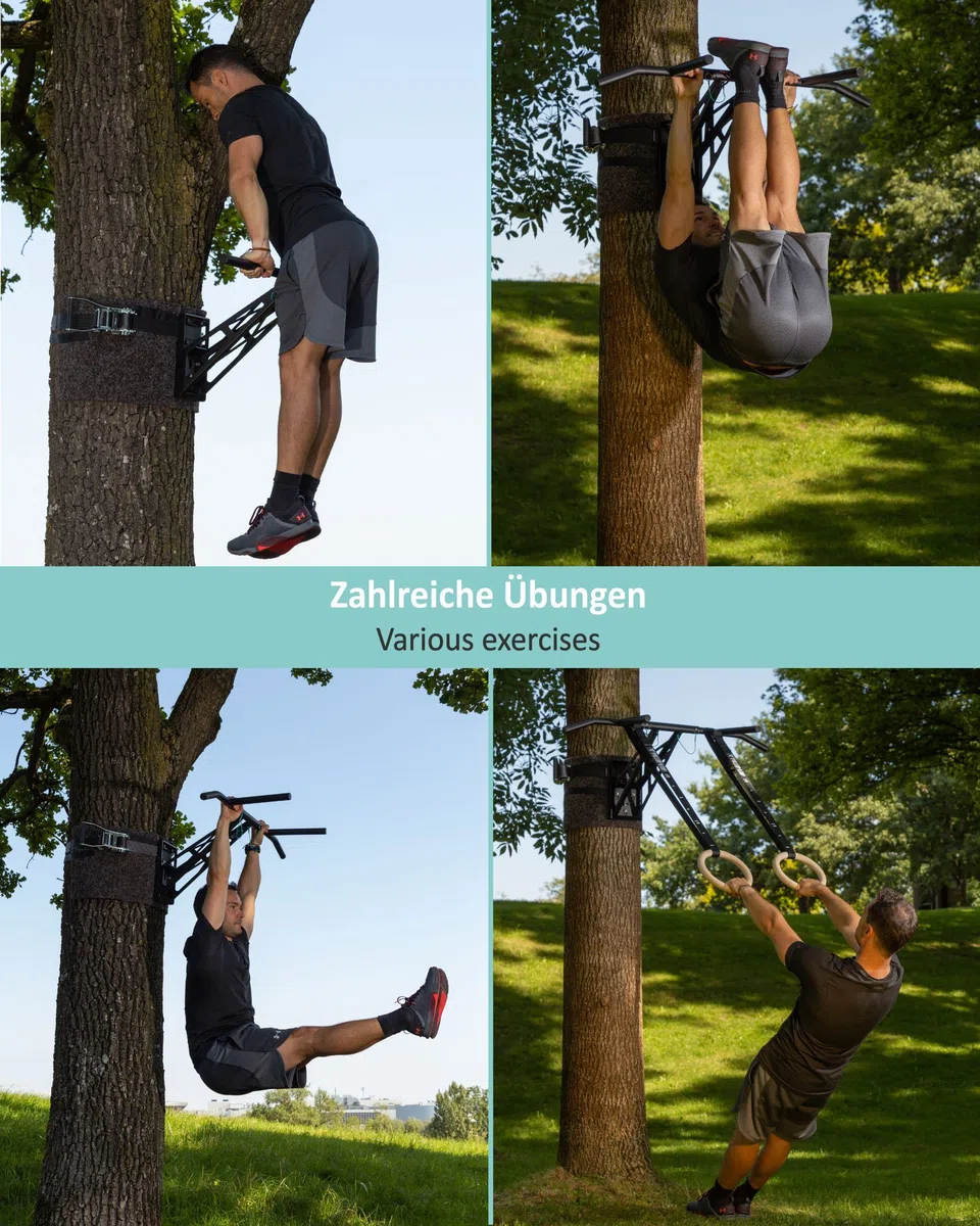 PULLUP & DIP Barra de Dominadas y Dips Premium, Barra Dominadas Móvil para Pared en Casa y Exteriores en Arbol y Poste, Barra de Tracción Multifuncional para más de 35 Ejercicios