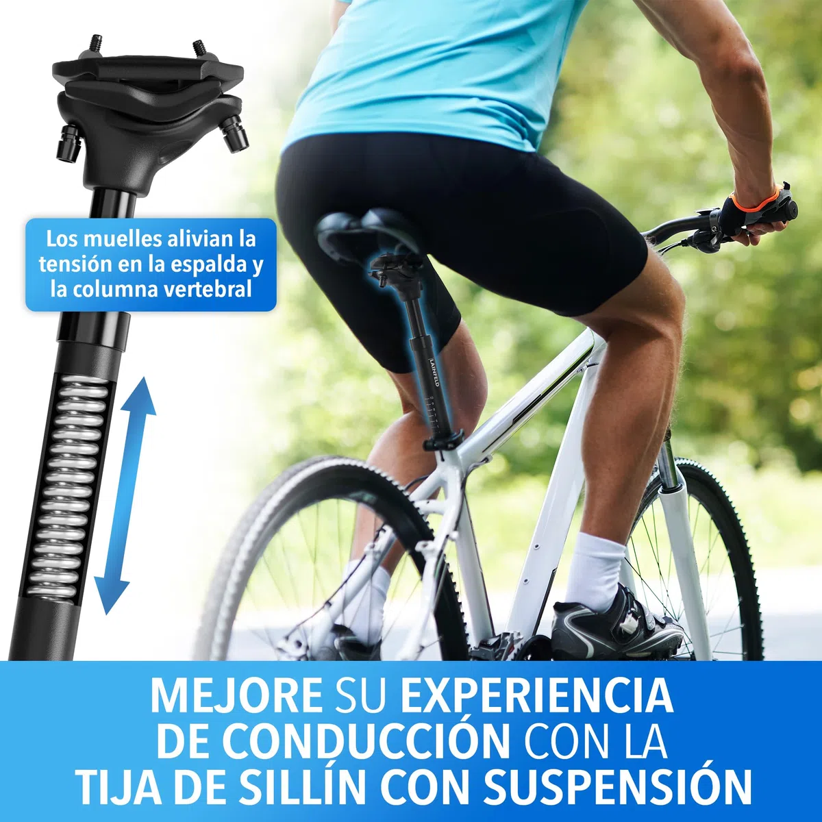 Tija de sillín con suspensión LAINFELD | Ajustable para MTB y E-Bike | Compatible con 27,2 mm, 30,9 mm y 31,6 mm | Incluye Herramientas | Ideal para Hombre y Mujer Ciclistas.