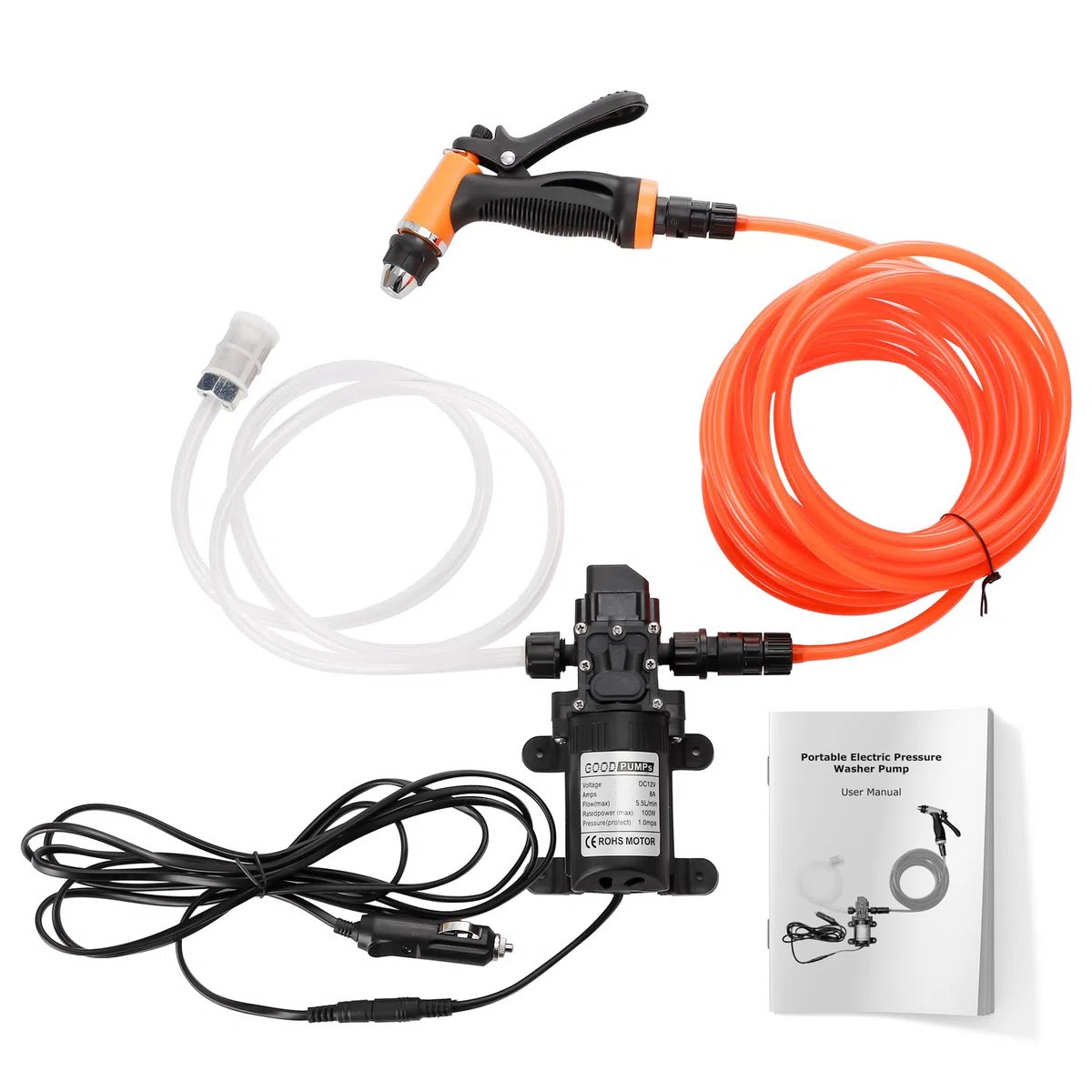 Pindex Bomba de Agua Autocebante de 12 V con Pistola de Pulverización de Agua de 100 W, Bomba de Diafragma 12 V para Autocaravana, Camping, Barco, Caravana, Coche Limpieza