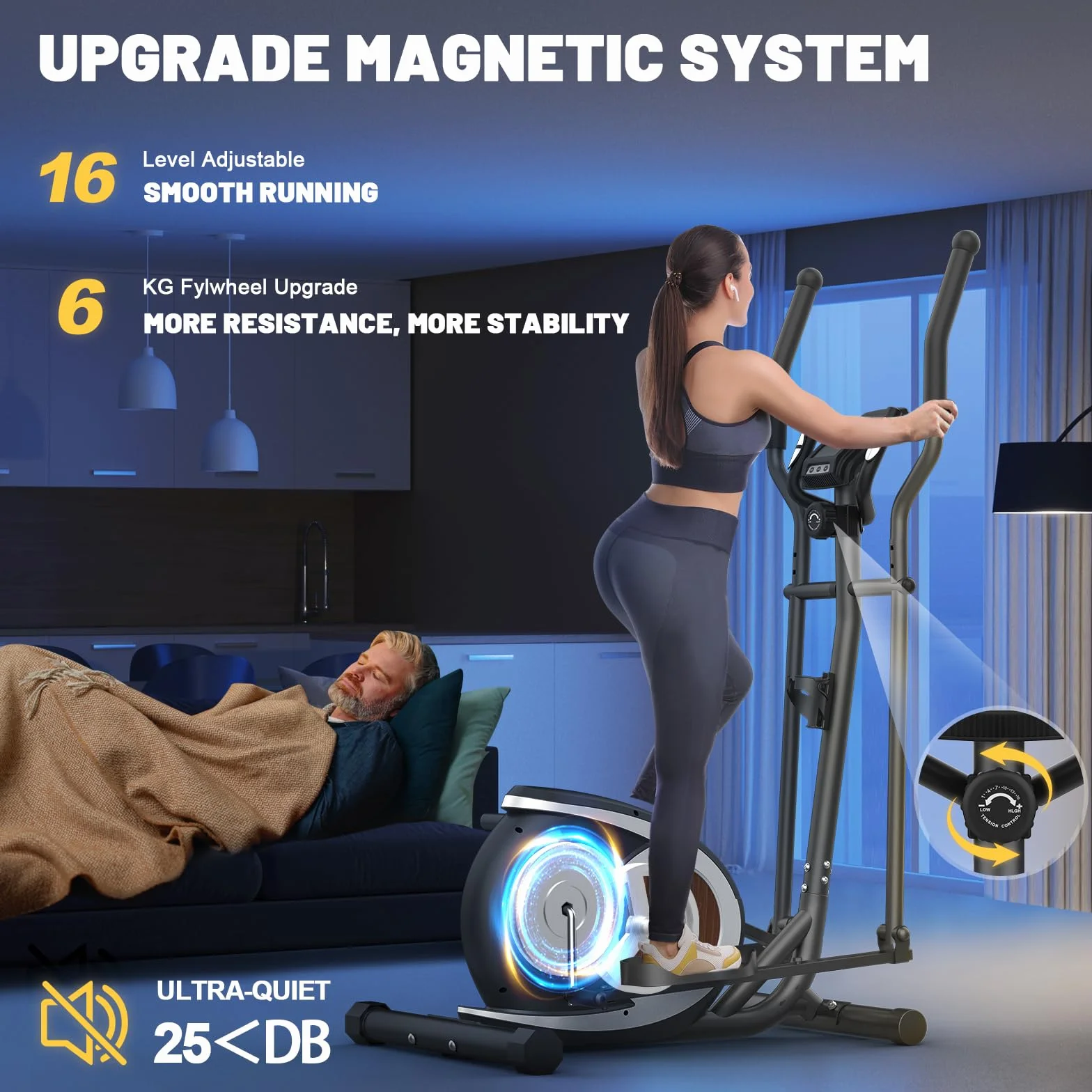 Bicicleta Elíptica para Casa, Máquina Elíptica Magnética Ultra Silenciosa con 16 Niveles de Resistencia, Monitor LCD, Pedal Antideslizante, Capacidad de Carga 265 LBS Fitness Elíptico