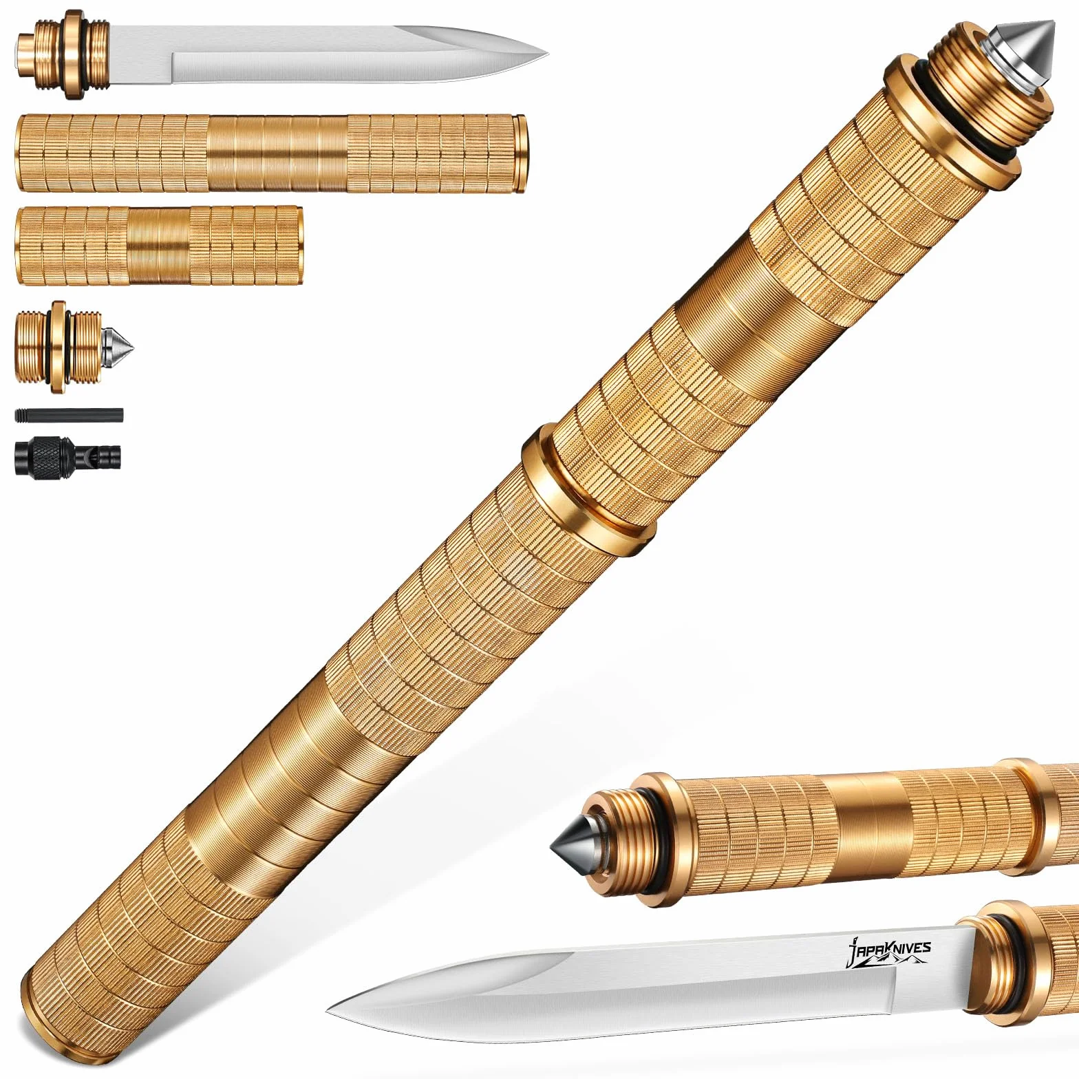 Japaknives Cuchillo de supervivencia exterior 5 en 1 fijo desmontable de acero D2 con silbato rompecristales para camping hombres dorado