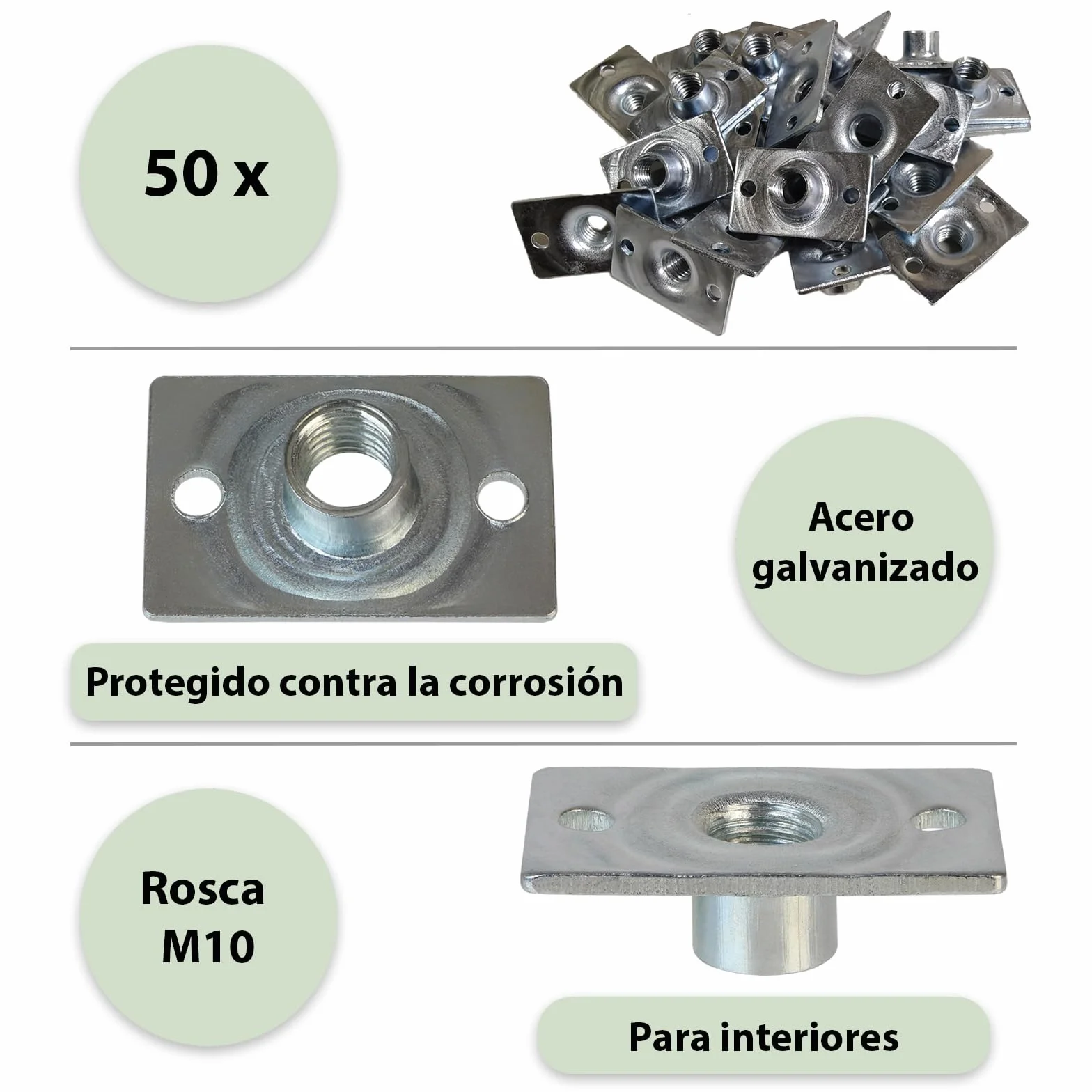 ALPIDEX 50 Tuercas en T M10 para Atornillar, Base Cuadrada Galvanizadas DIN EN 12572-2 para Rocódromo, Presas y Muebles