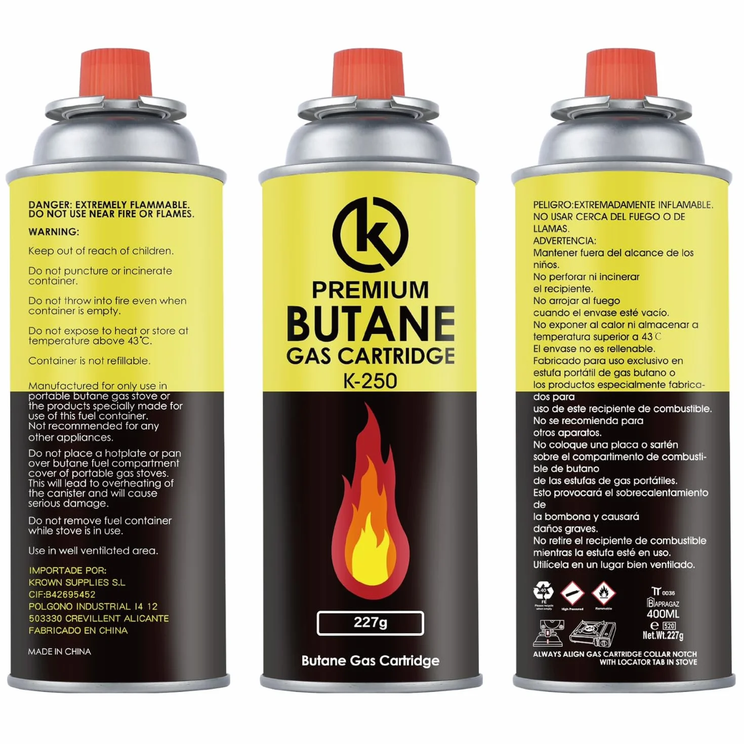 KROWN - Cocina Portatil de Gas Butano 227g, 4 Cartuchos K-250 de Gas Incluidos para Camping, Bombonas K-250