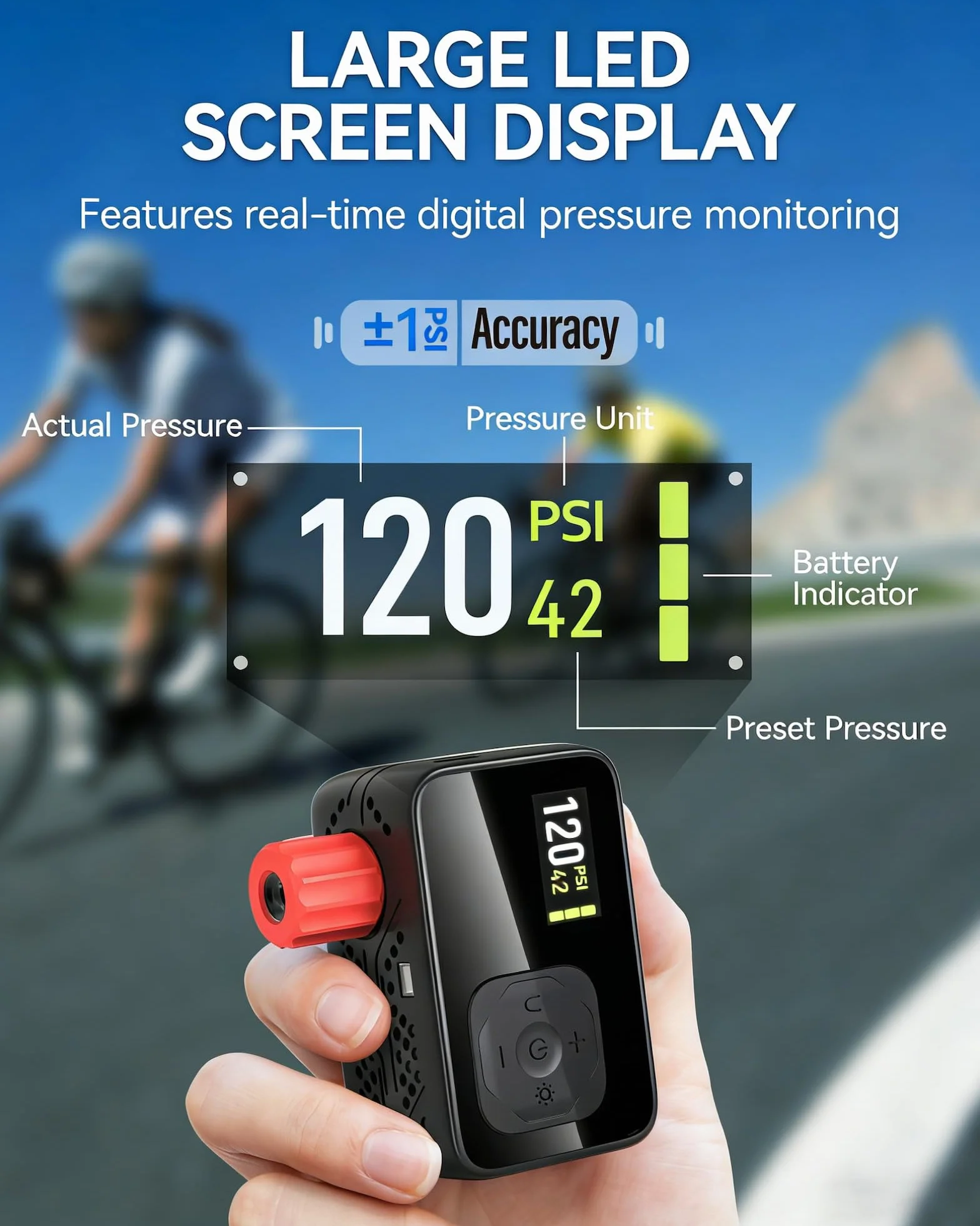 Bomba De Bicicleta Eléctrica, Bomba De Aire Portátil De Alta Presión De 120 PSI para Bicicletas Pequeñas con Medidor Digital para Válvulas Presta Y Schrader De Bicicletas De Carretera