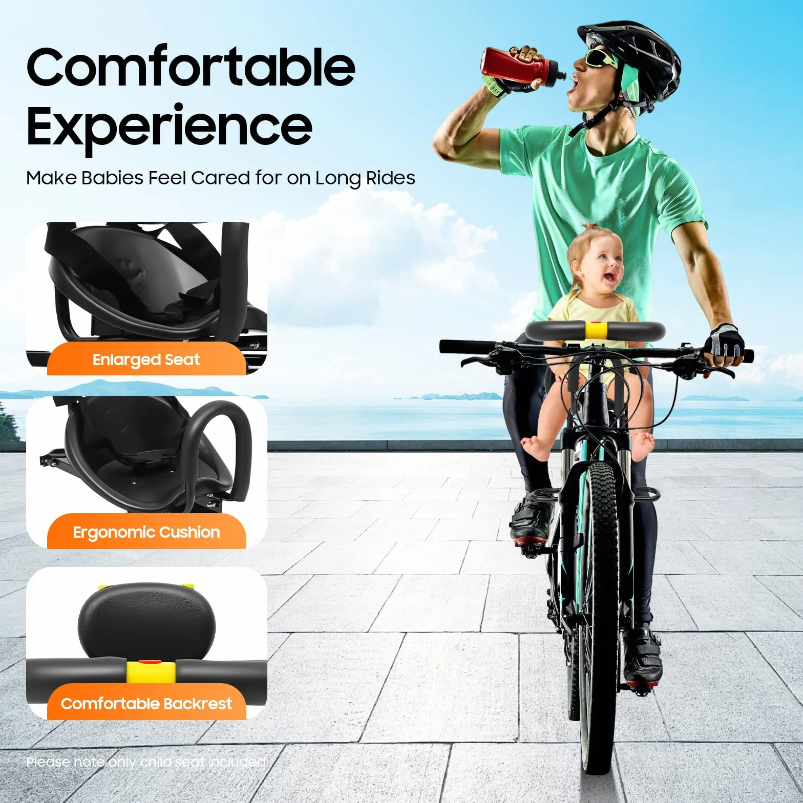 Asiento de seguridad infantil para bicicleta de 35 kg, asiento delantero para niños, asiento de seguridad infantil con cinturón de seguridad, para bicicletas de montaña o de carretera, soporte