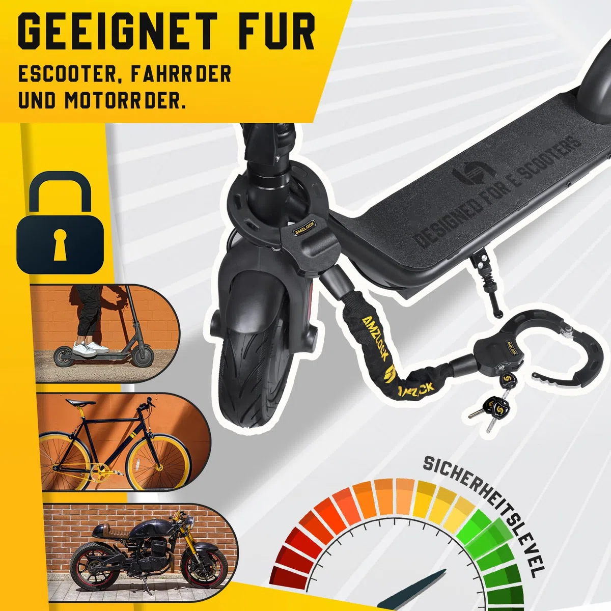 Candado Patinete Electrico, Antirrobo Bloqueo para Bicicleta, Candado Antirrobo con Cadena de 8mm de Grosor, Rotación Flexible con Llave y Bolsa Impermeable