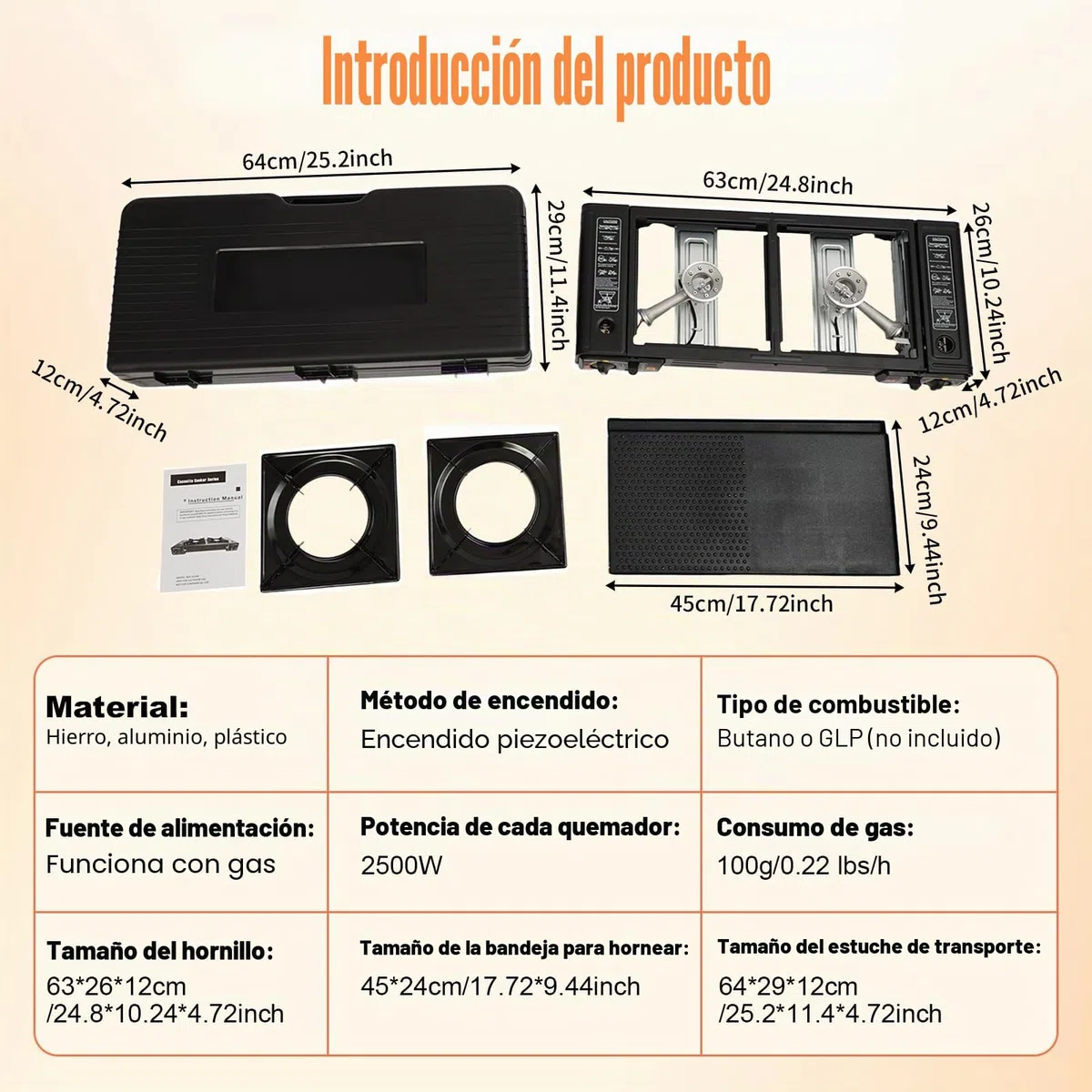 Hornillo de camping portátil de 2 quemadores de butano para exteriores, con placa para barbacoa, para picnic