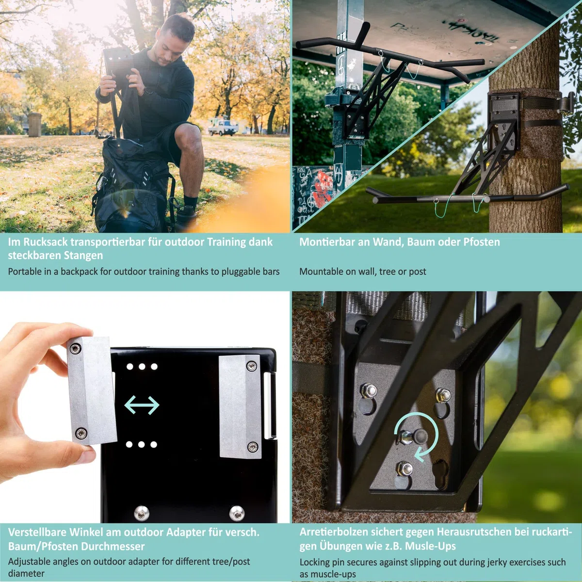 PULLUP & DIP Barra de Dominadas y Dips Premium, Barra Dominadas Móvil para Pared en Casa y Exteriores en Arbol y Poste, Barra de Tracción Multifuncional para más de 35 Ejercicios