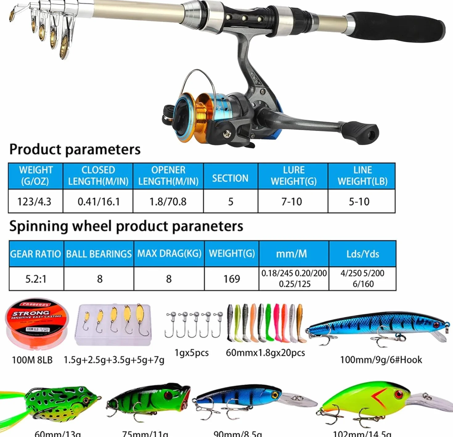 Juego Combinado de Carrete y caña de Pescar telescópica para Surf casting, 1.8m, con línea/Accesorios de señuelos/Bolsa de Transporte, para Viajes, Agua Salada o Dulce