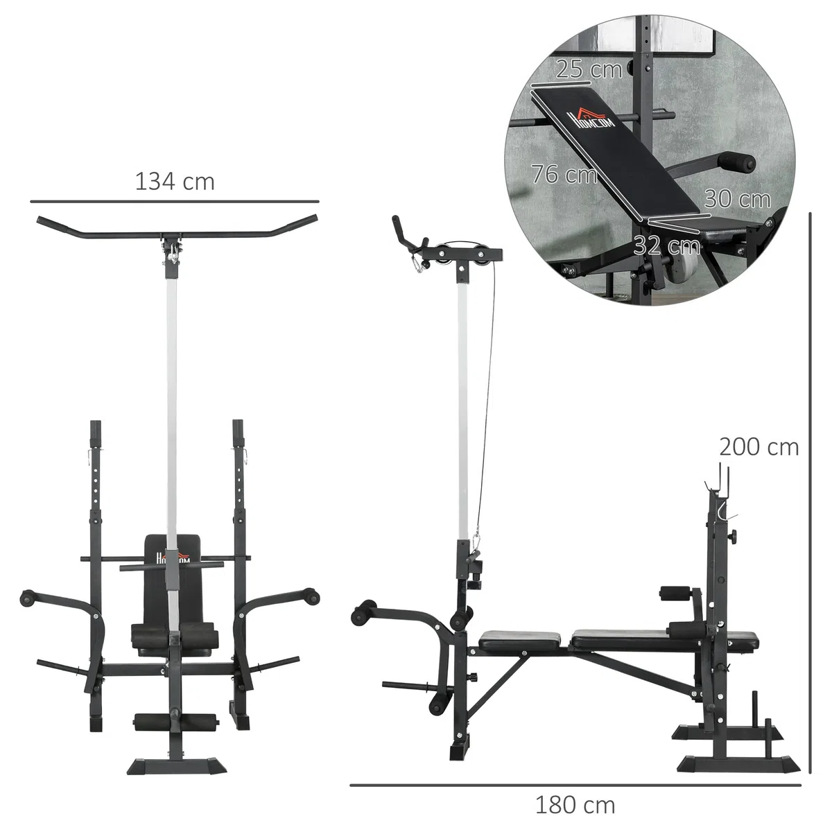 HOMCOM Banco de Musculación Banco de Pesas Multifuncional Ajustable en 6 Niveles para Entrenamiento de Cuerpo Completo en Gimnasio Hogar Carga 150 kg 180x134x200 cm Plata y Negro