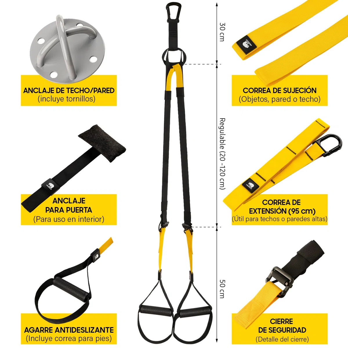 Entrenamiento en suspensión (incluye anclaje de pared y puerta), rueda abdominal y bandas elásticas de musculación. Gimnasio en casa con rodillo abdominal, cintas elásticas musculación y cuerdas