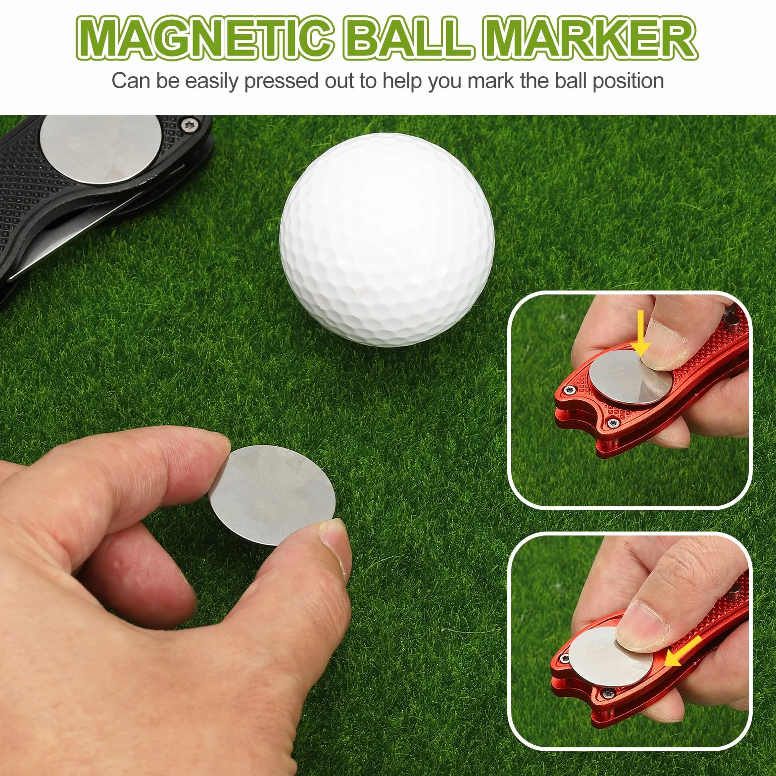 PATIKIL Herramienta de reparación de divot de golf plegable de metal verde con marcador magnético y horquilla de acero inoxidable