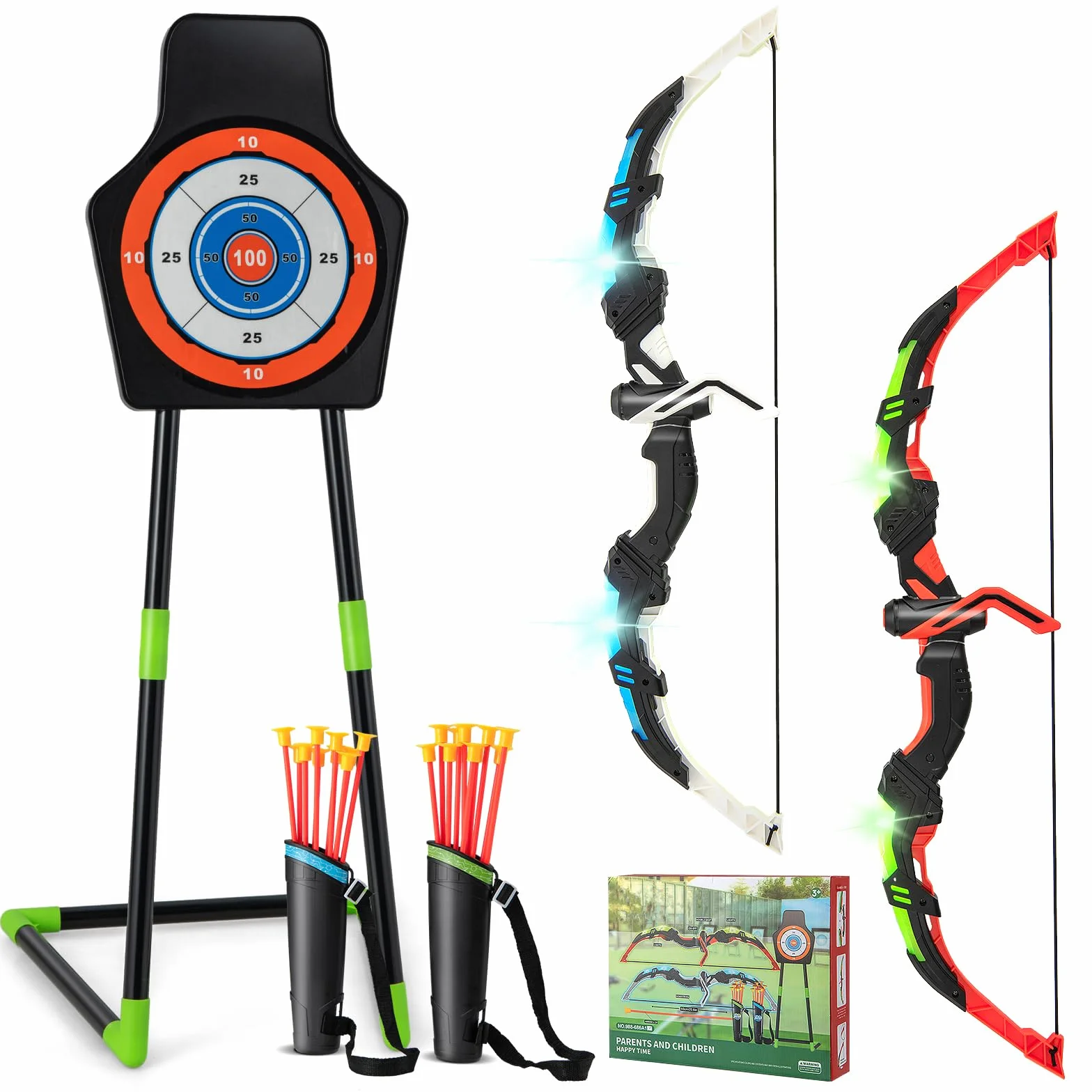 COSTWAY Juego de 2 Arcos y Flechas de Juguetes para Niños, Set de Juguetes de Tiro con Arco con 20 Flechas de Ventosa, Objetivo de Pie o Colgante, Portaflechas para Juegos para Niños de 3+ Años