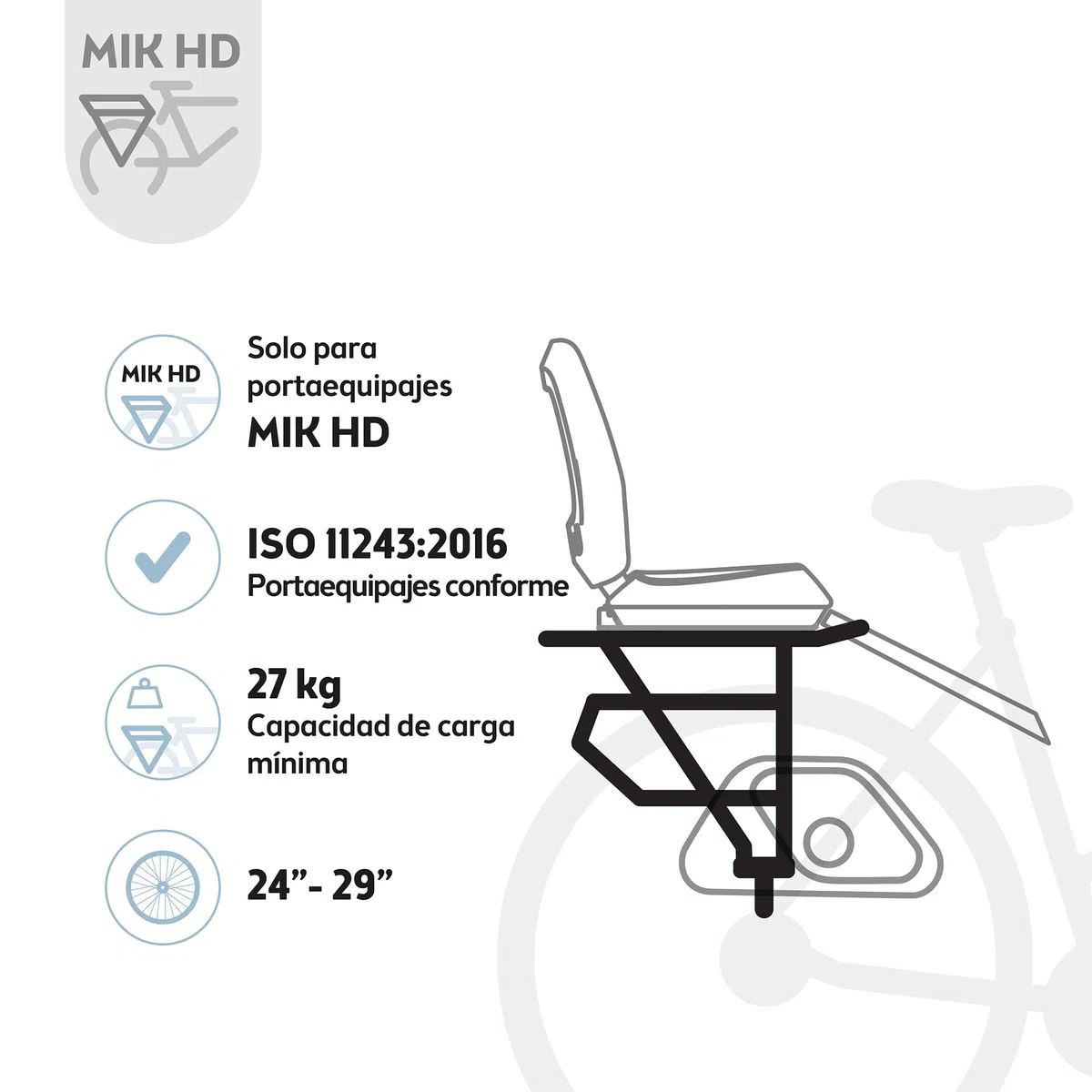 BOBIKE 8011900001 - Silla Bicicleta Trasera para Portaequipajes MIK-HD One Junior, Niños Desde 6 Años, hasta 27 kg, con Reposapiés Retráctiles, Cinturón de Seguridad, Negro