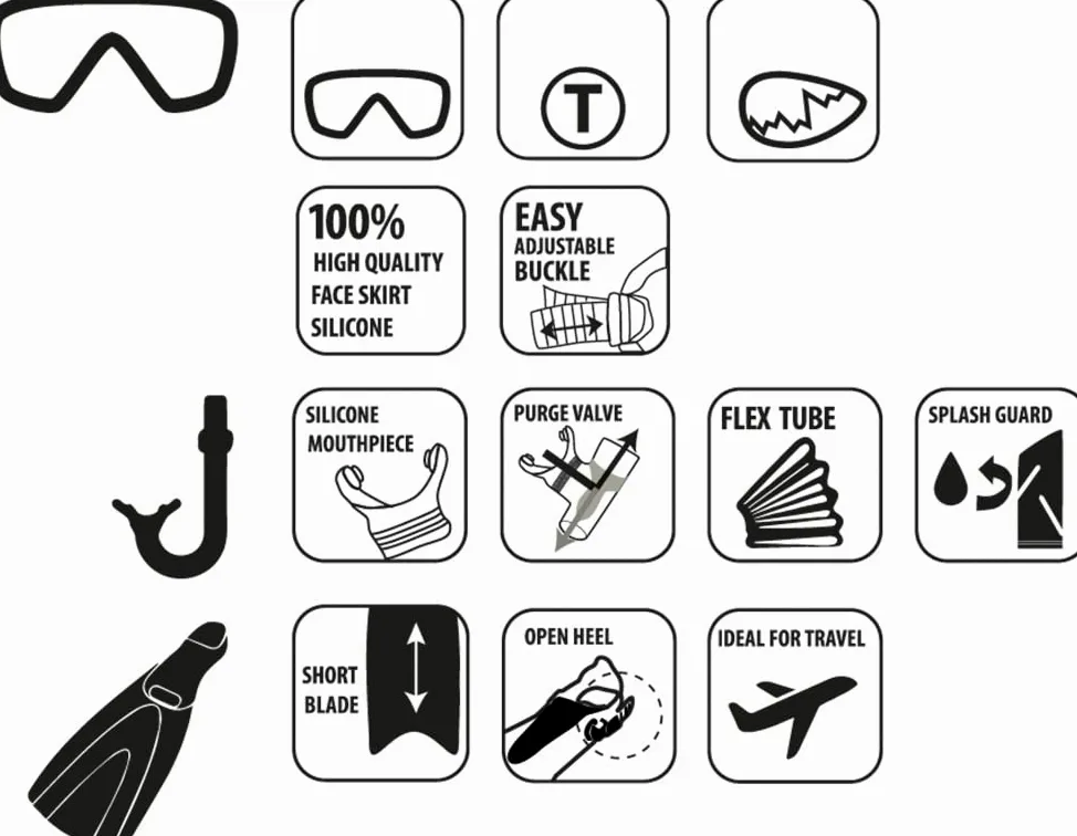 Schildkrot Set de Snorkel Bermuda para Niños, 3 Piezas - Gafas, Tubo, Silicona, Ajuste, Práctica Bolsa, Aletas Ajustables