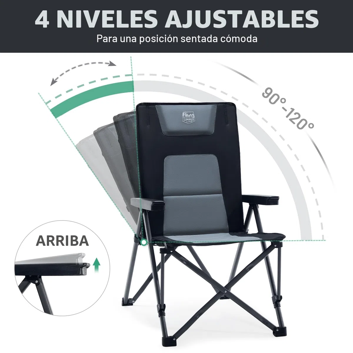 TIMBER RIDGE Silla de camping plegable de 260 kg, respaldo alto ajustable en 4 posiciones silla plegable acolchada, respaldo alto con bolsa de transporte silla de camping para jardín, balcón, caravana
