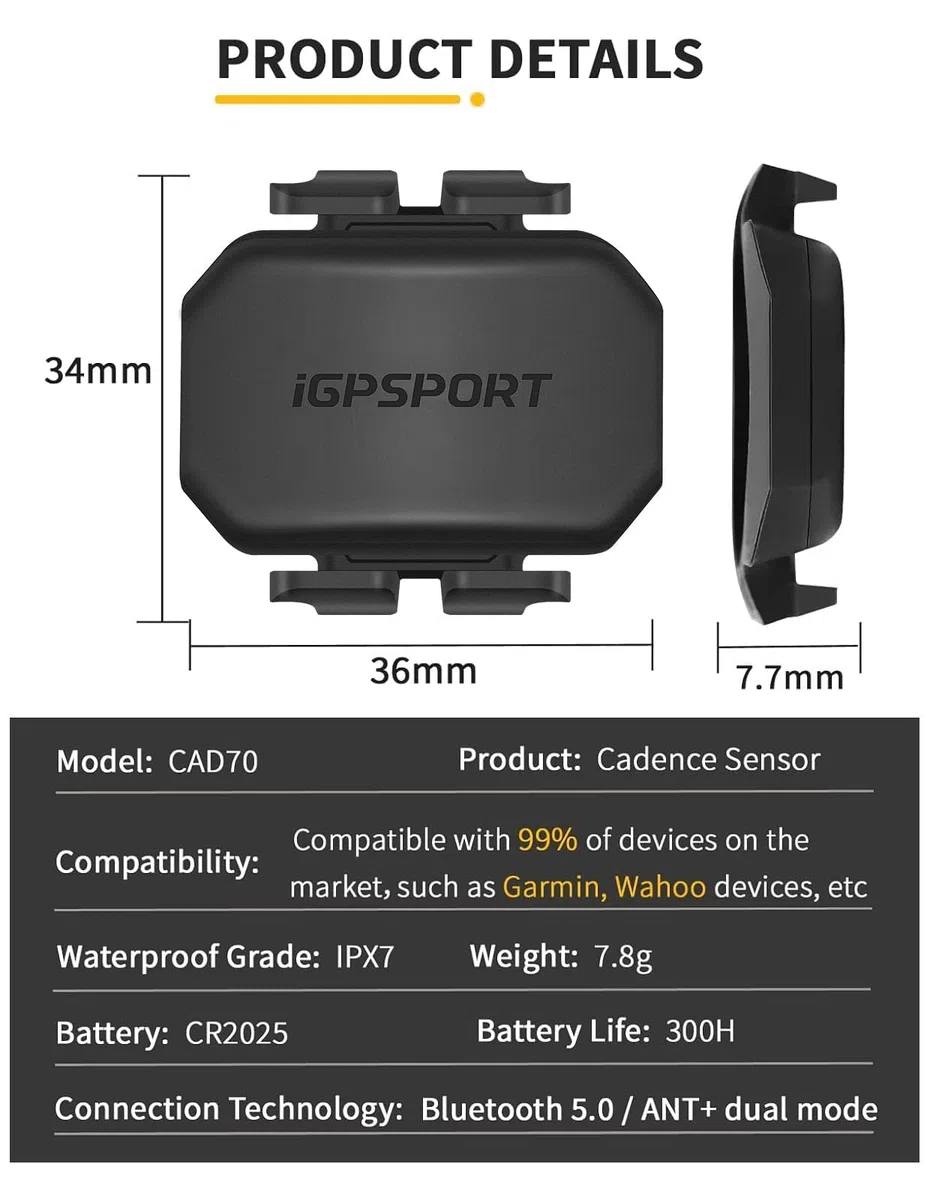 iGPSPORT SPD70 Velocímetro para Bicicleta / CAD70 Sensor de Cadencia para Bicicleta, 300 Horas de Autonomía, Bluetooth 5.0 Ant+, Impermeable IPX7,Kit CAD70 SPD70