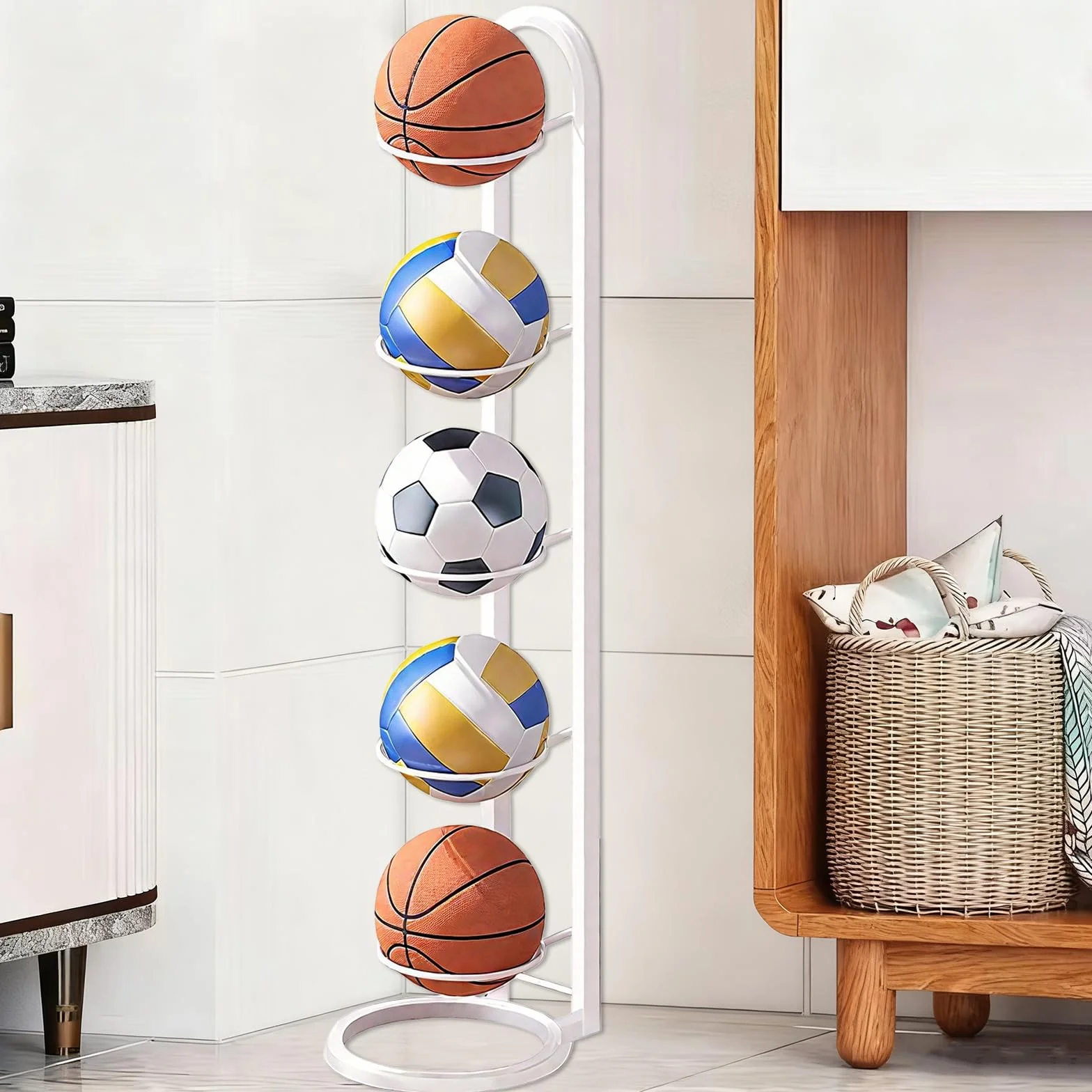 Soporte Balón Fútbol 5 Niveles Vertical con Bolsillo Malla Almacenamiento Hierro Extraíble Estable Baloncesto Fútbol Voleibol