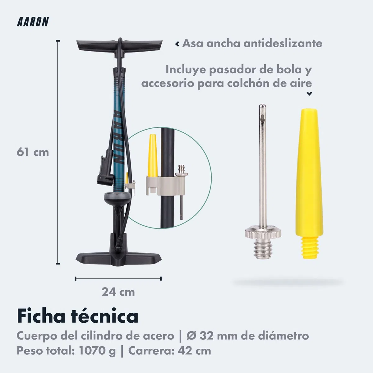 AARON Sport One - Bomba de pie para Bicicleta manómetro para Todo Tipo de válvulas, con Accesorio para Pelotas, Amarillo