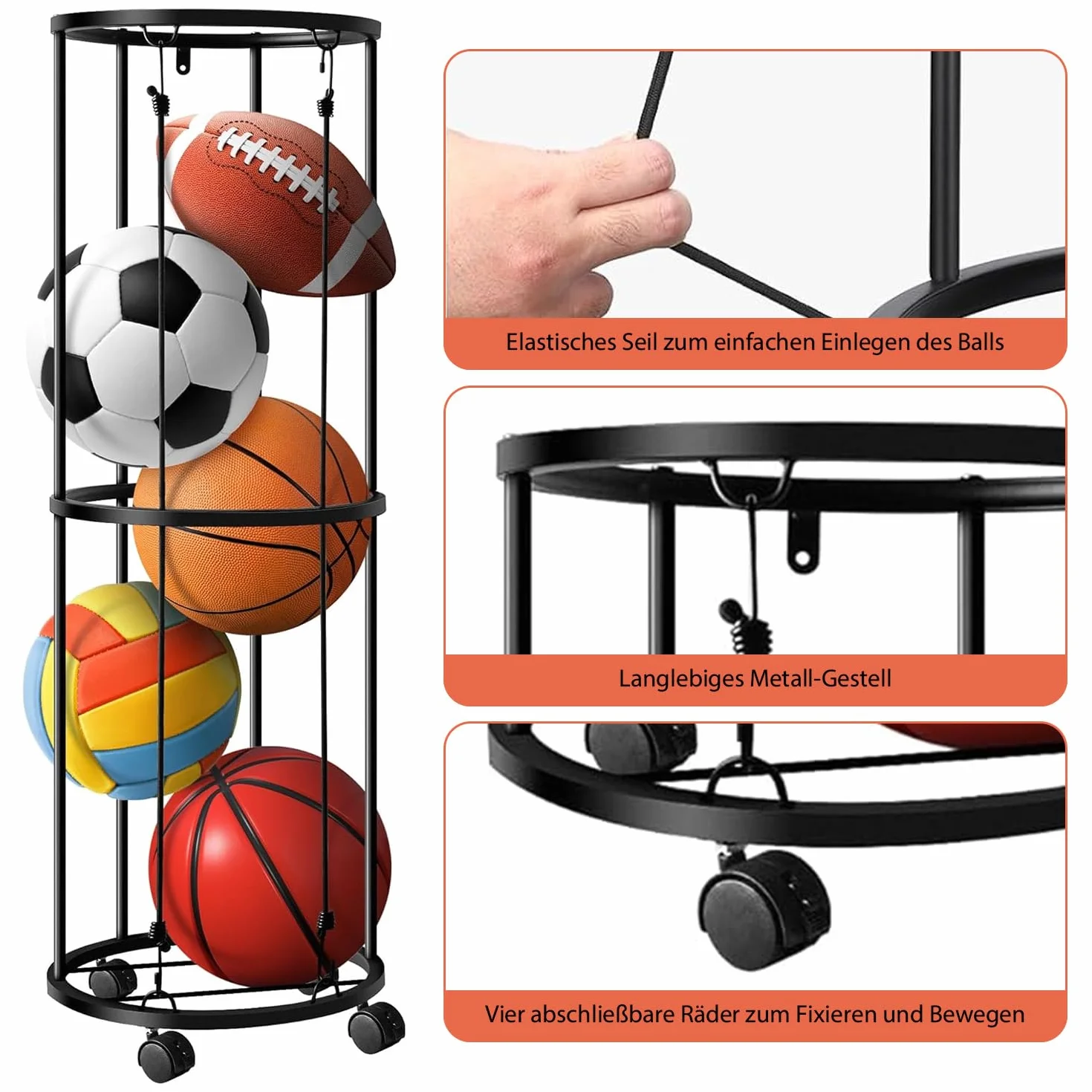 Soporte vertical para pelotas con ruedas, jaula de almacenamiento montada en la pared, estantería para baloncesto, fútbol y voleibol