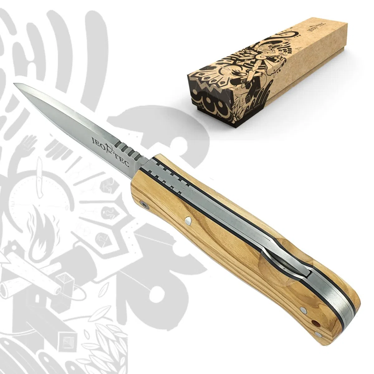JEO-TEC Nº16 Navaja de Bolsillo para Bushcraft Supervivencia Acampada Caza Pesca Actividades al Aire Libre, Acero Inoxidable Sandvik 14C28N Scandi, Cuchillo Plegable Hecho a Mano en España