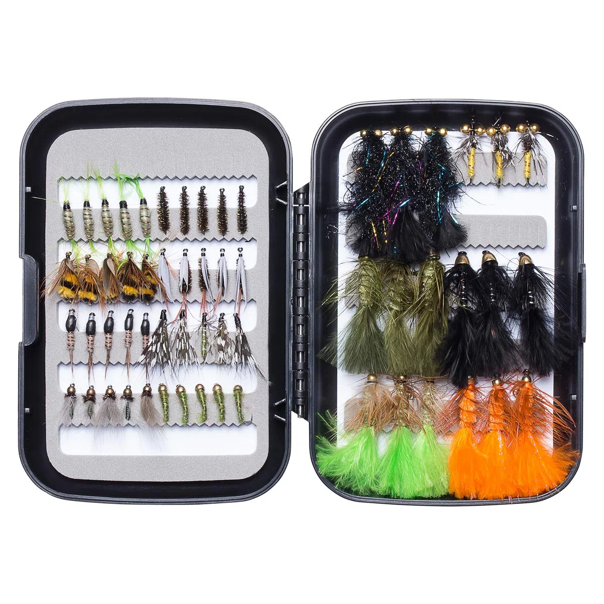 BASSDASH Kit de Moscas de Pesca con Mosca, Surtido de Moscas, Pesca de lubina con Caja de Moscas, 36/64/72/76/80/96 Piezas con Moscas secas/húmedas, ninfas, serpentinas, Popper