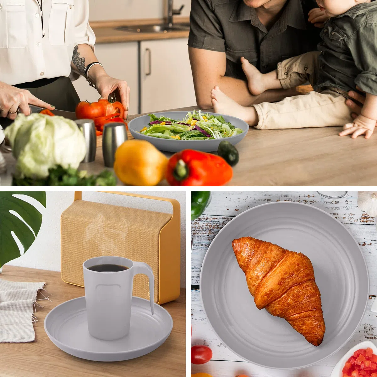 Odoland Vajilla de Camping, Set de Vajilla de Plástico 16 Piezas para 4 Personas, Ligera y Reutilizable, Gris