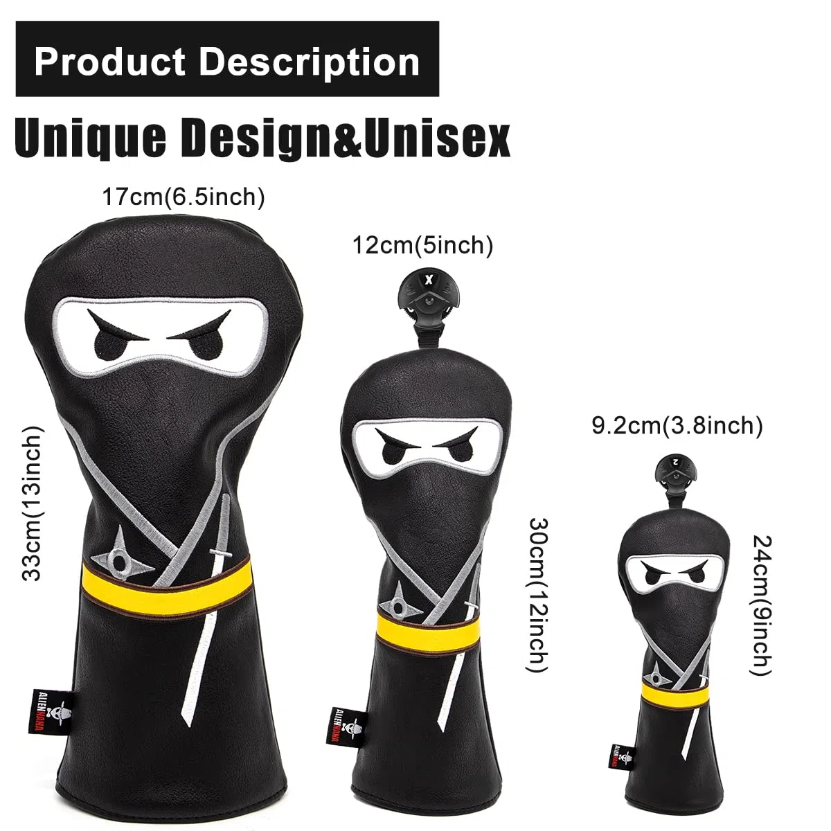 Funda para Cabeza de Palo de Golf, 3 Fundas de Madera con diseño Ninja con Cierre magnético, Elegante Bordado de Cuero de Primera Calidad, para Conductor de Fairway, Hoja híbrida, mazo de Putter,