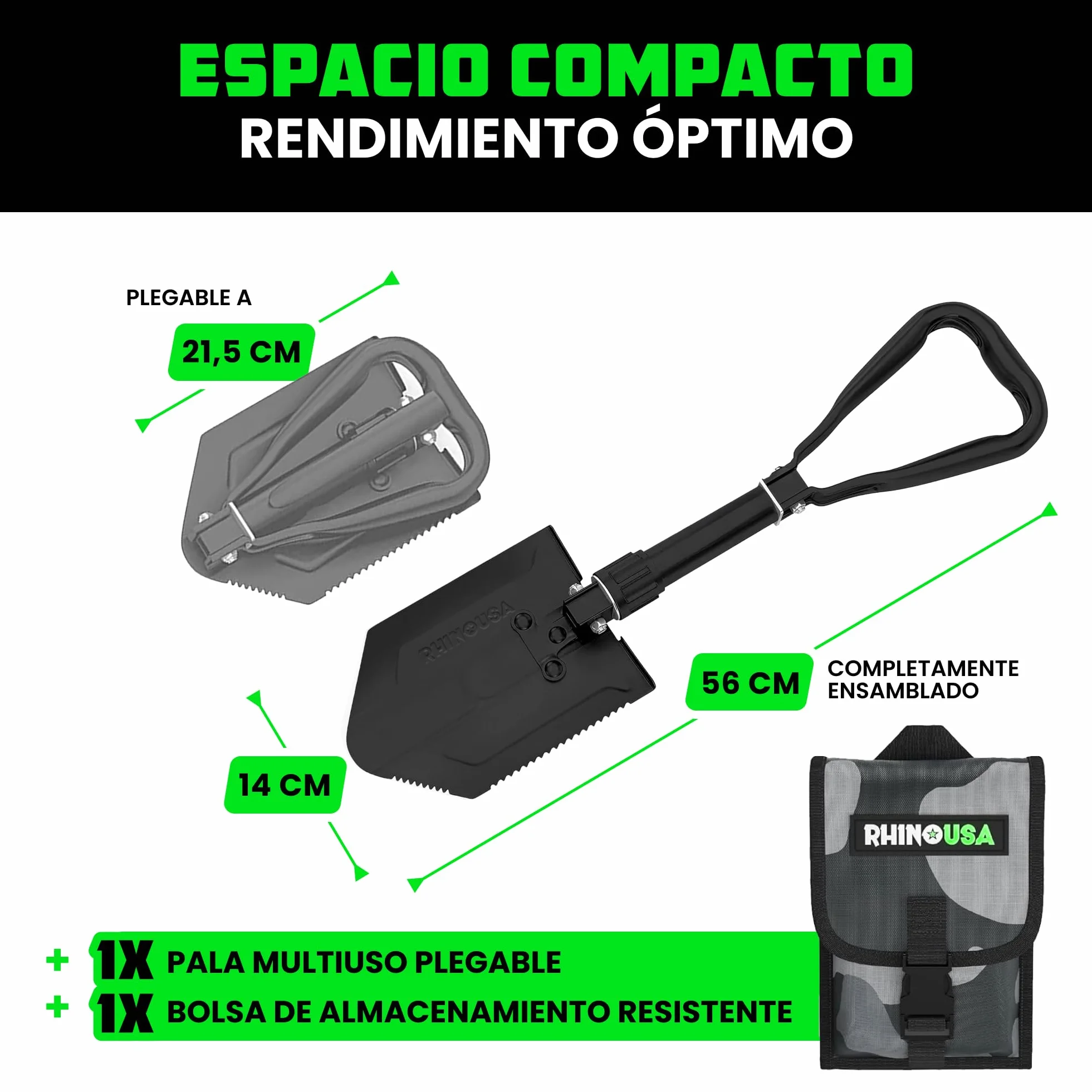 Rhino USA Pala Plegable con Pico - Pala eTool Plegable de Acero Robusta para Playa, Camping, Jardinería y más - Herramienta de Excavación Militar Táctica para Tierra, Arena, Barro y Nieve