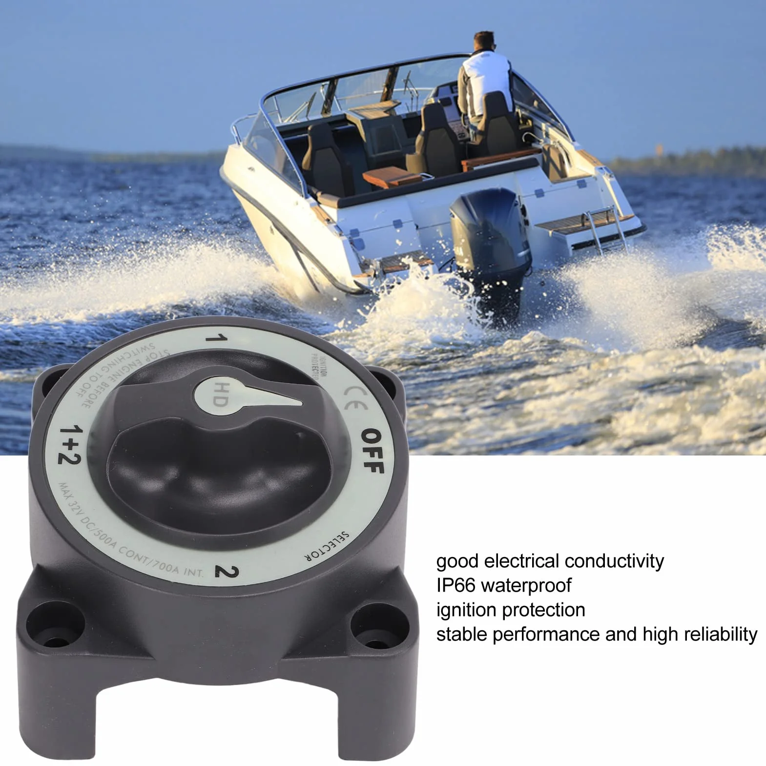 Interruptor de Desconexión de Batería Marina 500A Pesada con Selector de 4 Posiciones para Vehículos Recreativos y Botes, ABS y Construcción de Cobre Estable, Rendimiento Impermeable Confiable