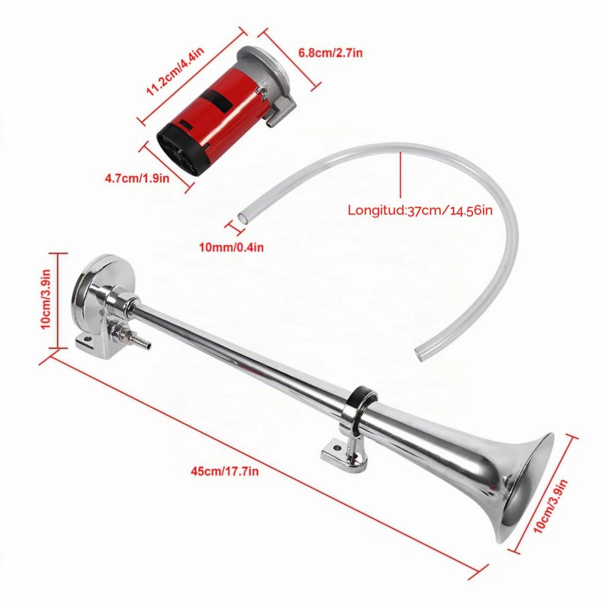 Bocina neumática de 12 V, 150 dB, 16,7 pulgadas, cromo-zinc, cuerno de aire con compresor para todos los coches y barcos de 12 V, camiones, trenes Lörries, barcos, coches, furgonetas, motocicletas