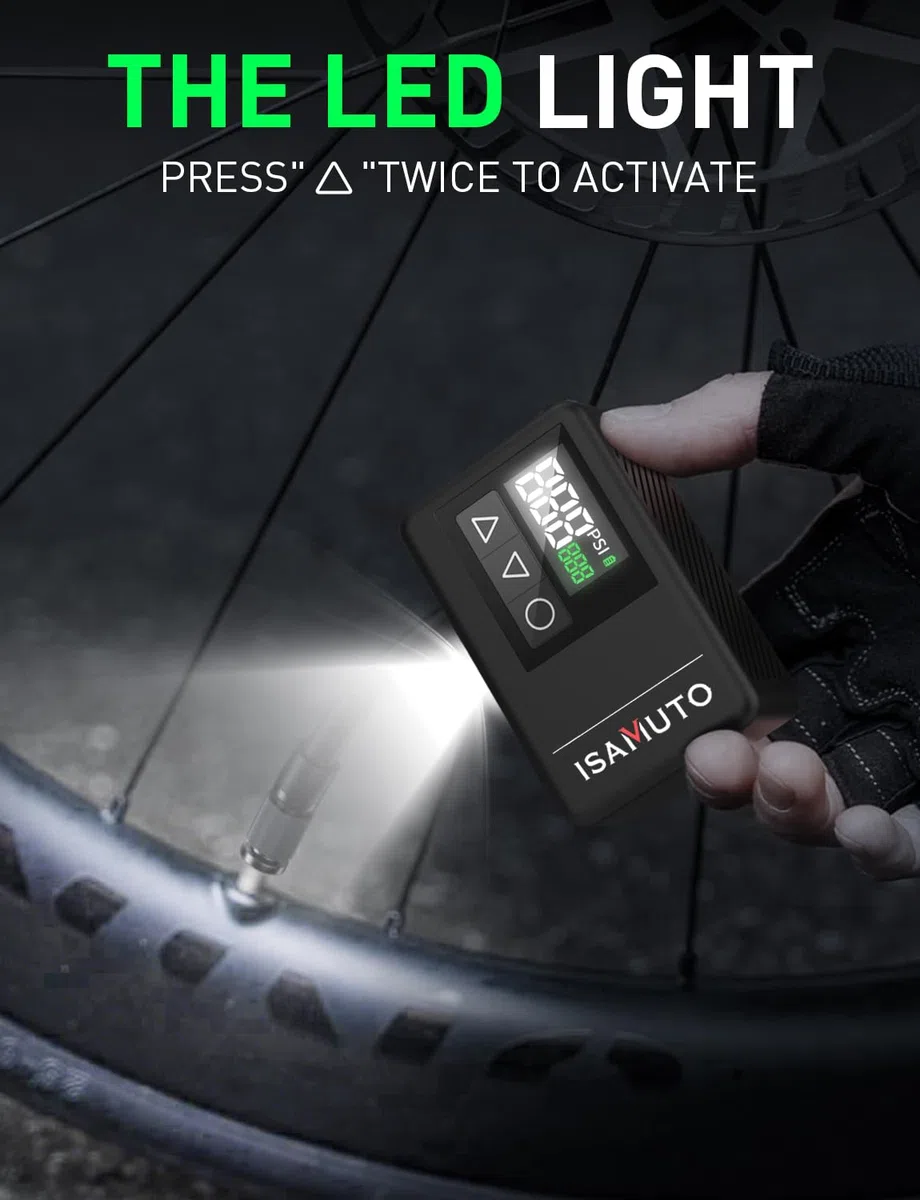 Inflador Eléctrico Bicicleta 120 PSI, Mini Compresor de Aire Portátil con Pantalla Digital, Bomba Bicicleta Recargable Compatible con Válvulas Presta y Schrader para Bicicleta MTB y Carretera