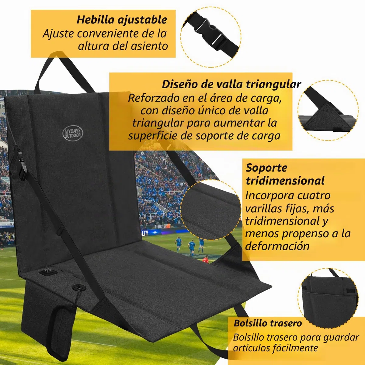 Cojín térmico para asiento de estadio, inalámbrico, recargable, batería USB de 149 F, almohadilla térmica portátil para acampar al aire libre, pesca, 3 ajustes de calor (banco de energía no incluido)