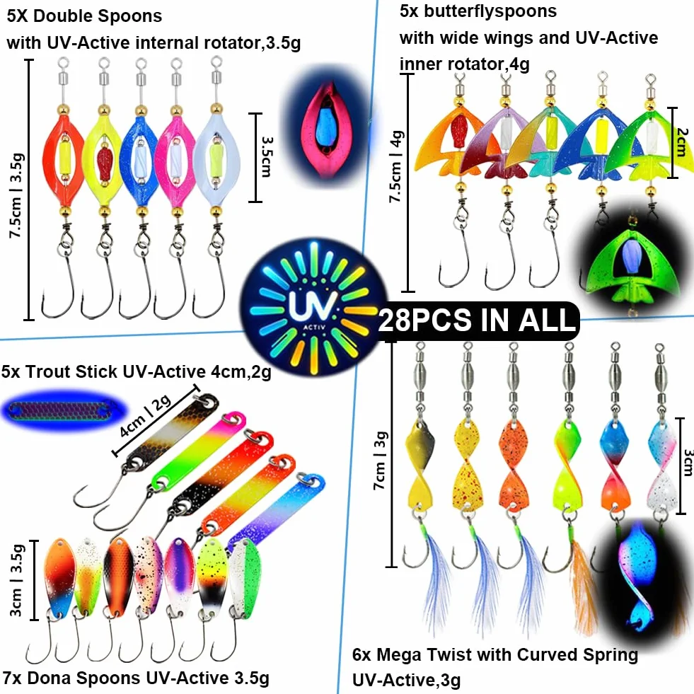 Cucharillas Pesca para Trucha y Lubina, Kits de Señuelos con Caja de Plástico, 2g-4g, Ultravioleta
