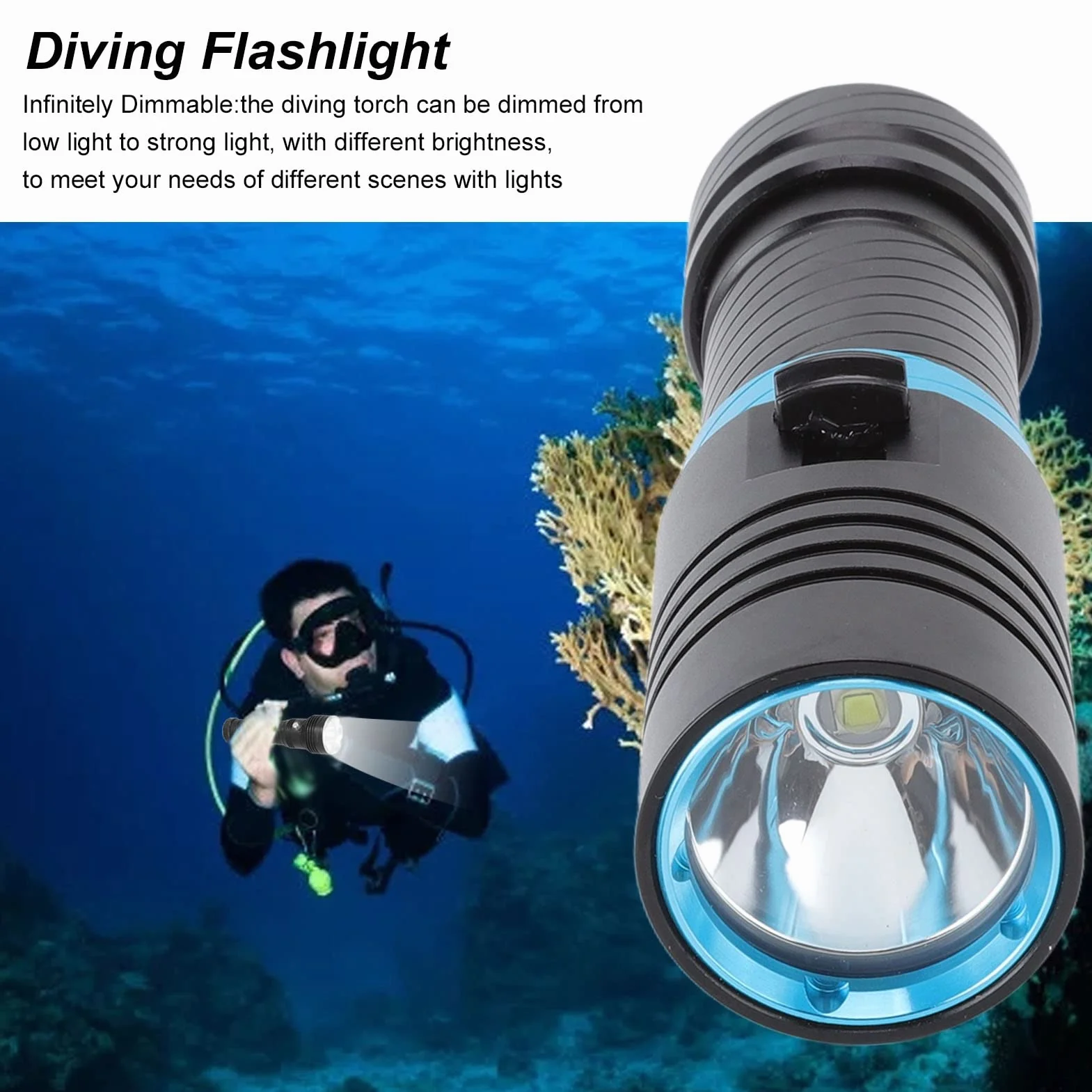 Luces de Buceo de 5000 Lúmenes, Linterna de Buceo, Linterna Subacuática Profesional 150 M IPX8 Antorcha de Buceo a Prueba de Agua Regulable L2 Cuentas LED Luces de Buceo para Buceo