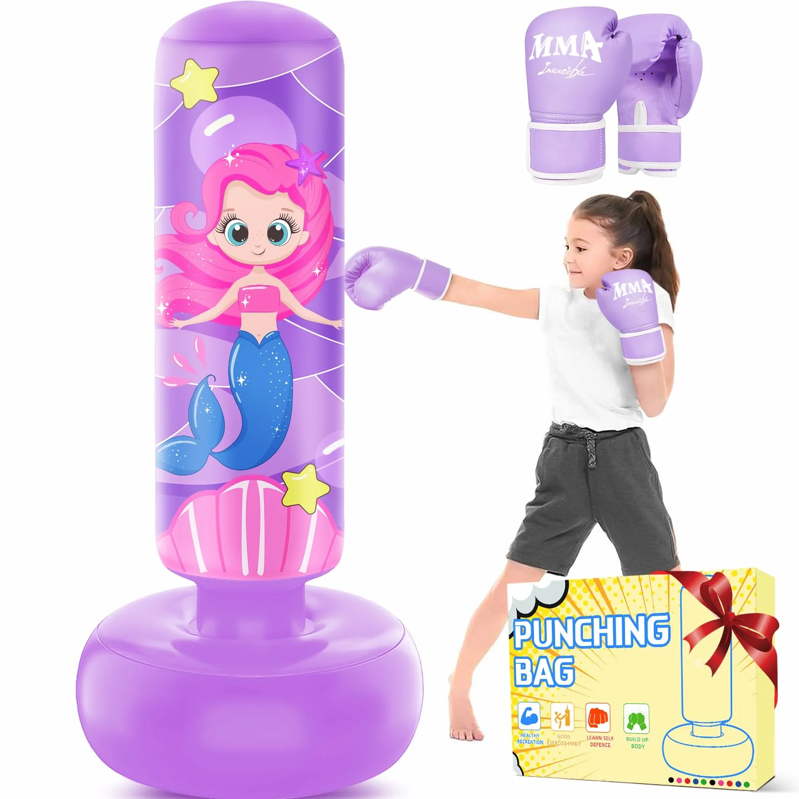 Saco de Boxeo Inflable Grande 168 cm para Niños 5-12 Años con Guantes, Set de Karate Taekwondo MMA