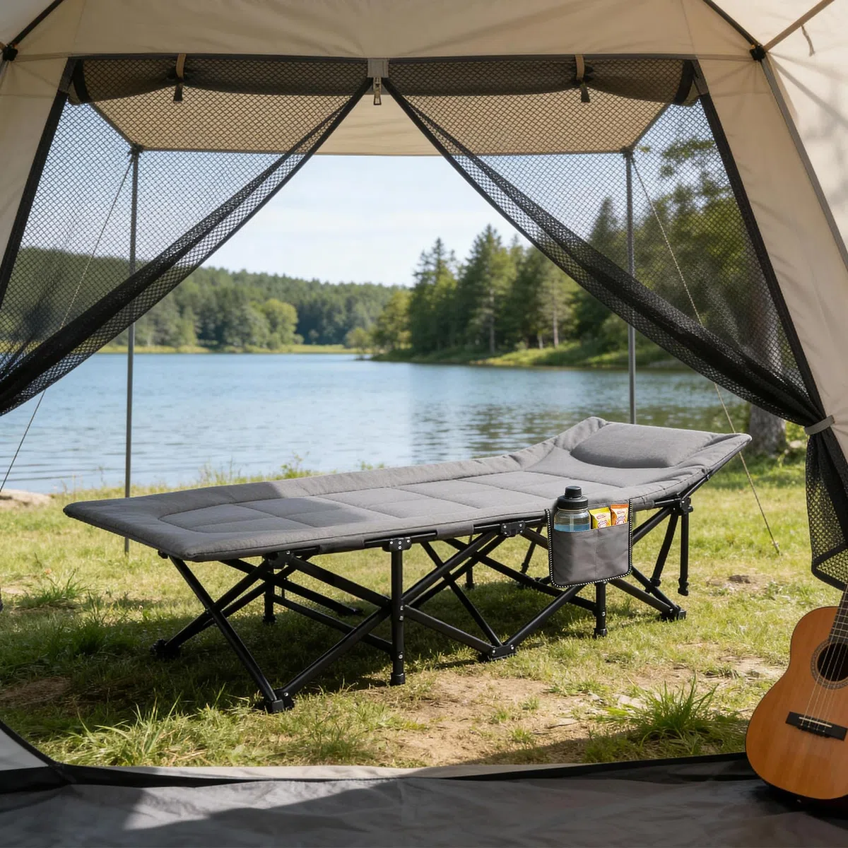 Sekey Cama de Camping Plegable con Acolchado y Bolsillo Lateral, hasta 190 x 71 x 36 cm, Superficie de Descanso Muy Ancha, Tumbona de Camping para Exterior e Interior, Ideal para jardín, Camping