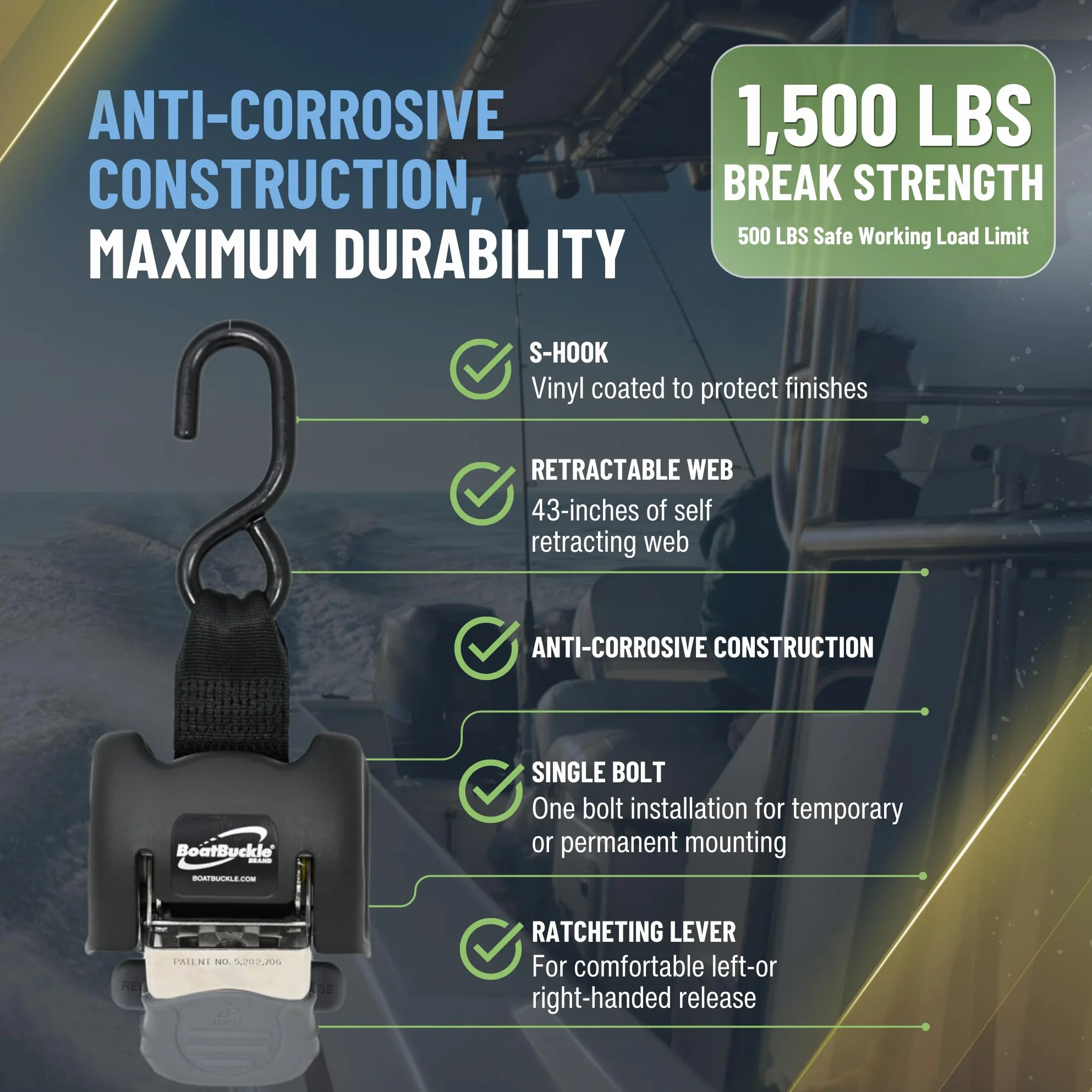 BoatBuckle G2 - Amarre retráctil de Acero Inoxidable para travesaño (Negro), 1 par