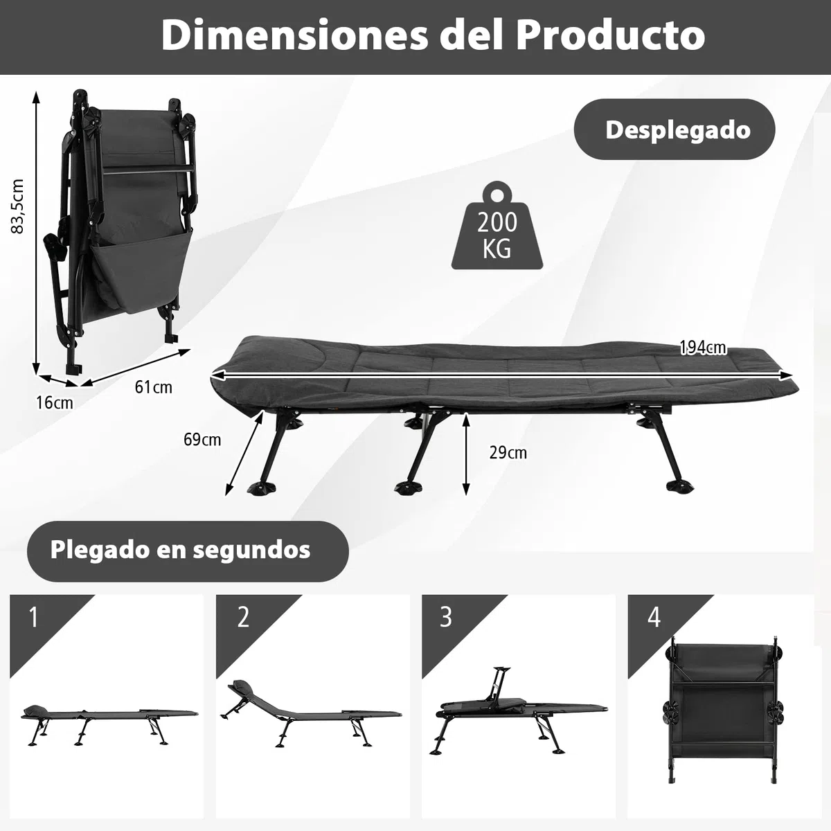 COSTWAY Cama Plegable Camping con Colchón Desmontable, Cama Camping Respaldo Ajustable en 6 Posiciones, Catre Plegable Camping portátil y Ligera con Bolsa, Carga 200kg, 194 x 69 x 29 cm (Gris)