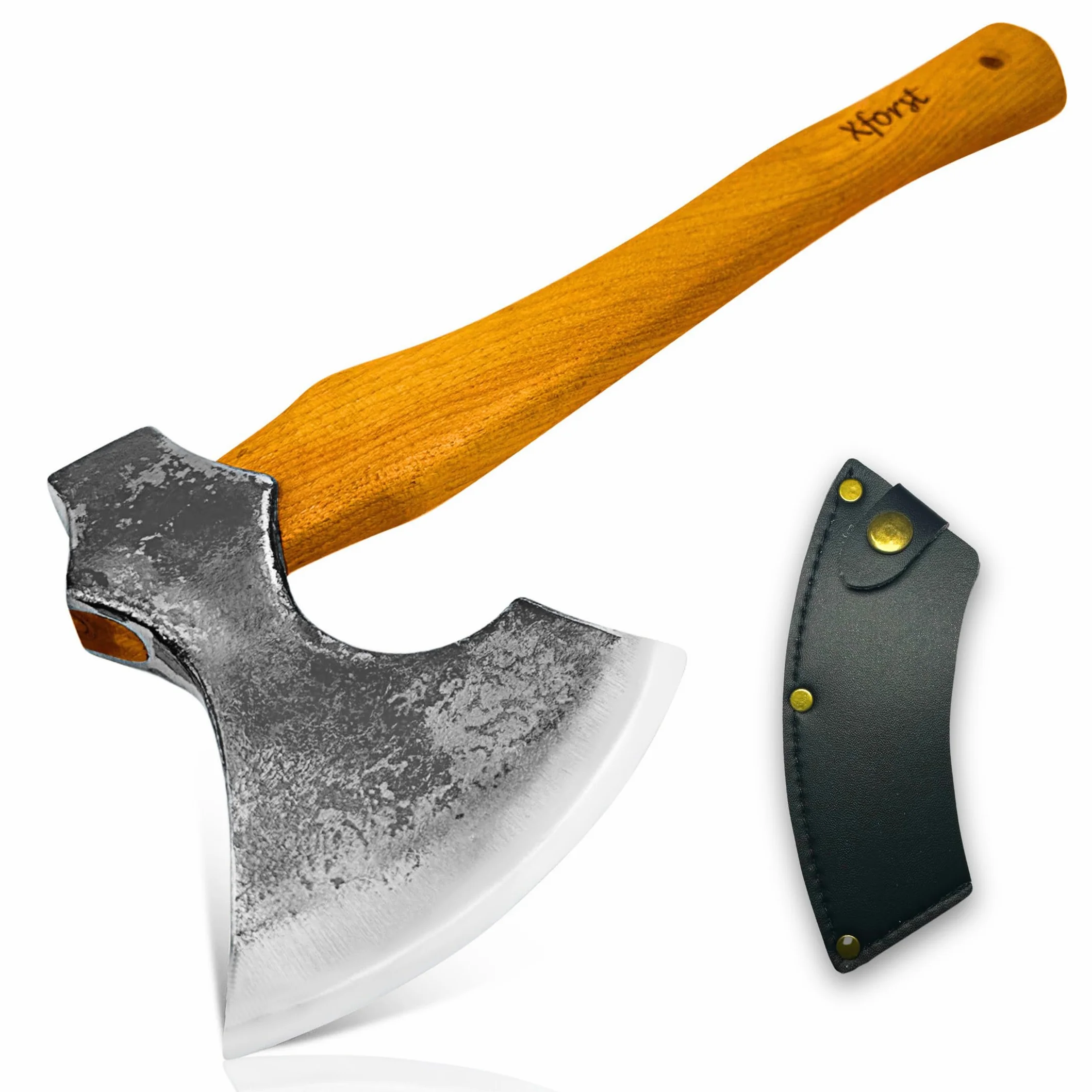 Xforst Hacha Vikinga, Hacha con Mango de Madera de Nogal Hickory Incluye Funda de Cuero Auténtico Negro - Modelo X-WIC