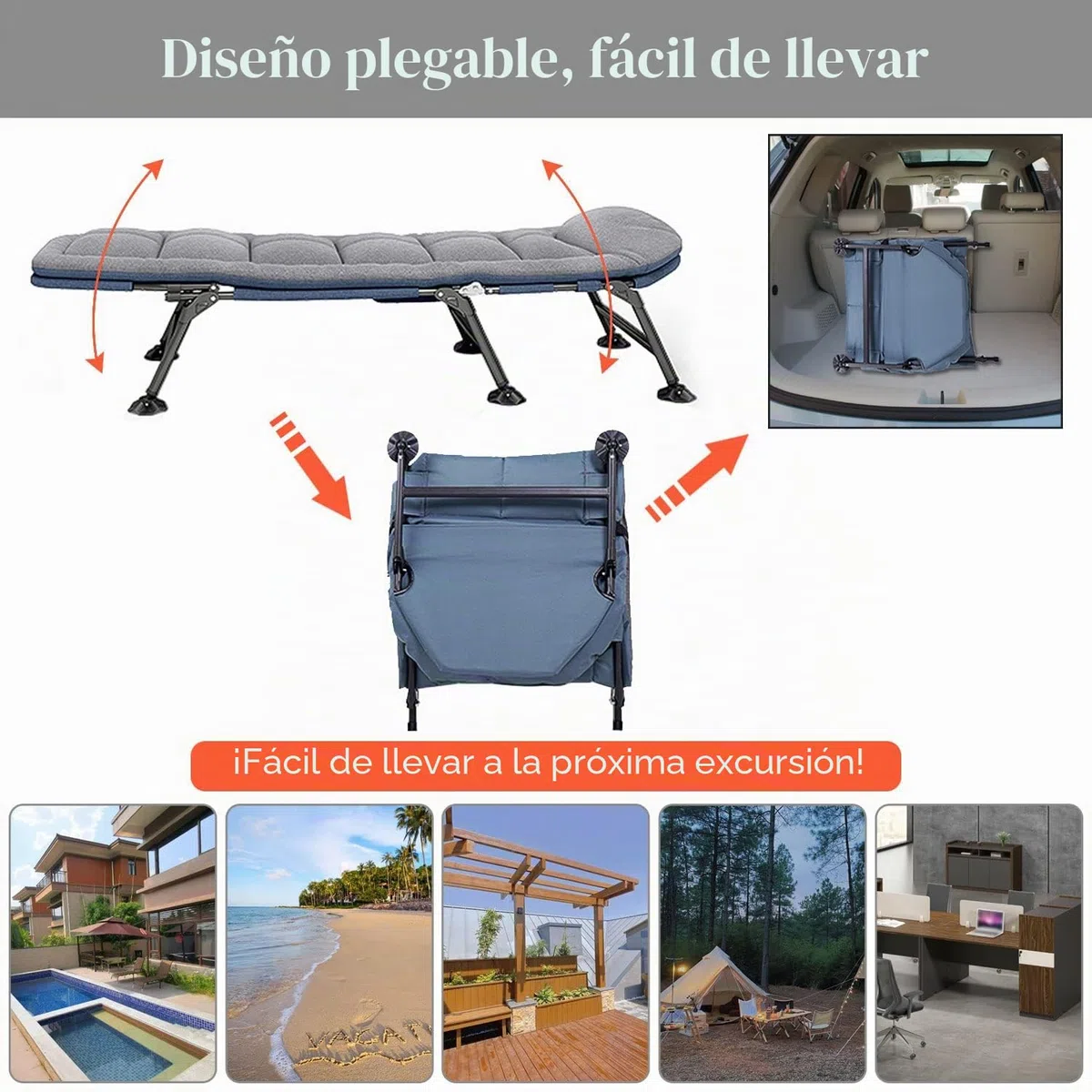 Cama de Camping Plegable con Colchón 190x65x30cm, Cama de Camp Portatil con Bolsillo Lateral, Tumbona Jardin Exterior con 5 Regulable Respaldo, Hamacas para Camping Jardín Exterior Interior, Gris
