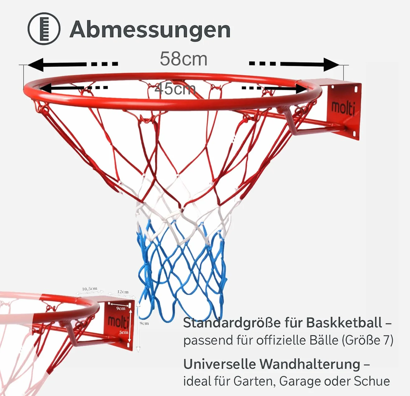 molti Canasta de baloncesto de 45 cm de diámetro, 37 cm de diámetro, anillo de baloncesto con red y tornillos de fijación para exteriores + 4 tornillos de fijación