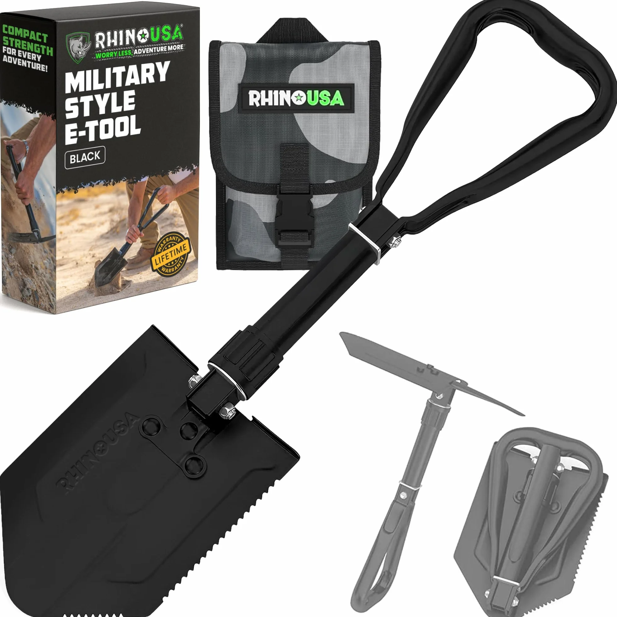 Rhino USA Pala Plegable con Pico - Pala eTool Plegable de Acero Robusta para Playa, Camping, Jardinería y más - Herramienta de Excavación Militar Táctica para Tierra, Arena, Barro y Nieve
