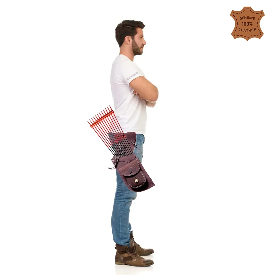 Carcaj lateral tradicional hecho a mano para caza y deportes de tiro con arco, soporte de flechas de cuero auténtico, ligero y cómodo (bolsillo liso de cuero)
